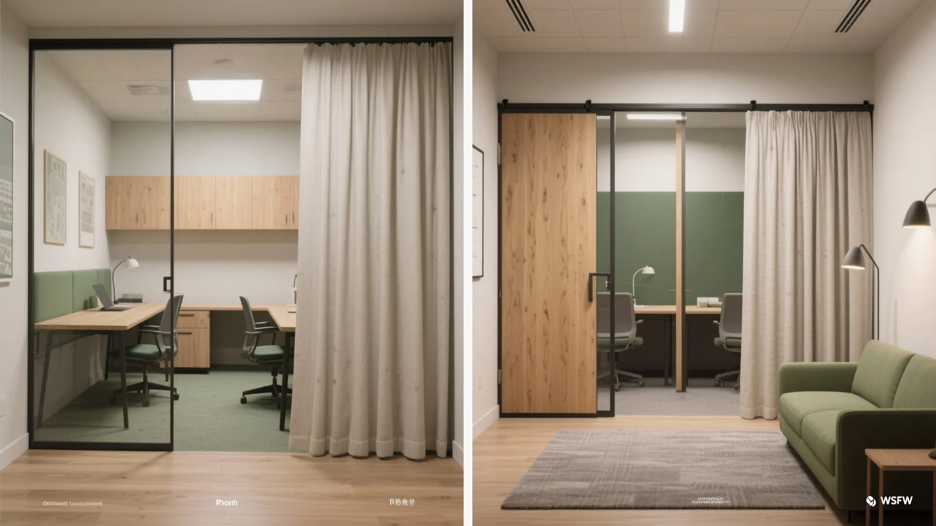 Split view showing a shared room before and after adding sliding panels and curtains for privacy.