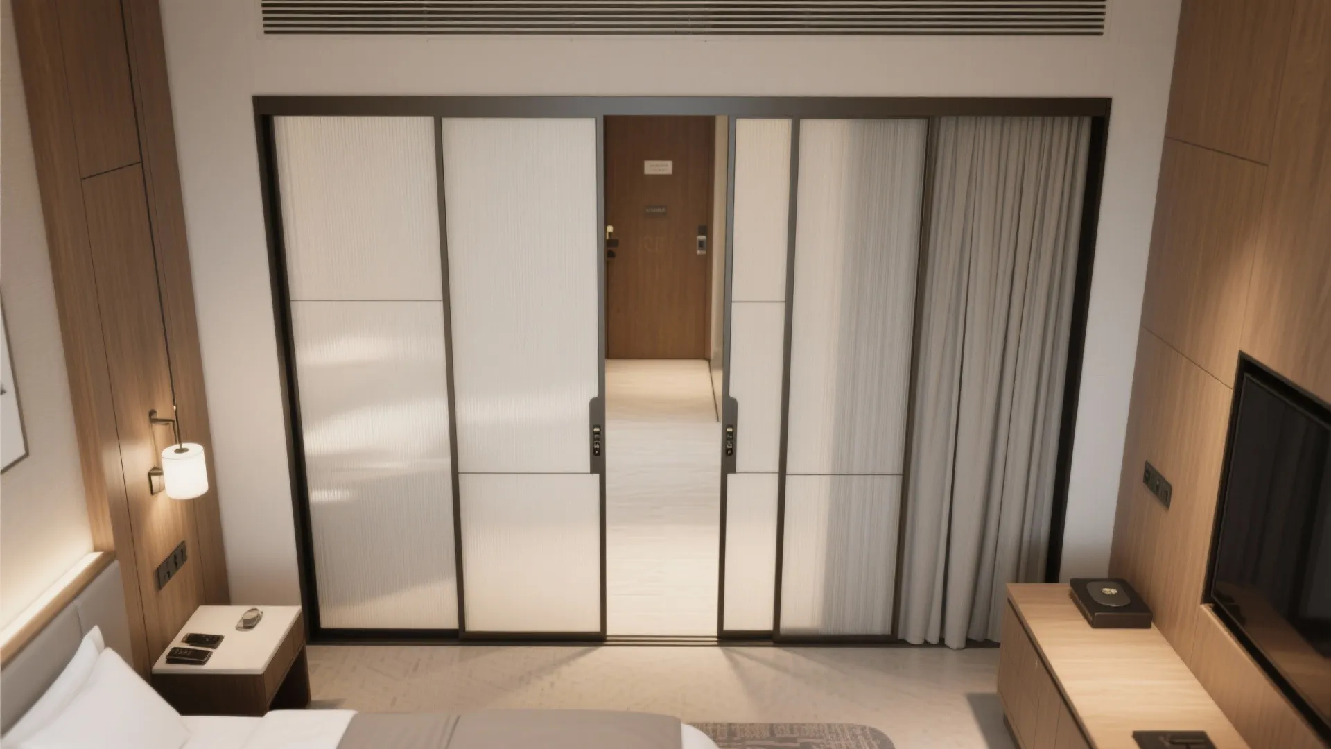 Sliding glass doors separate modern bedroom from hallway with wood wall panels and warm light