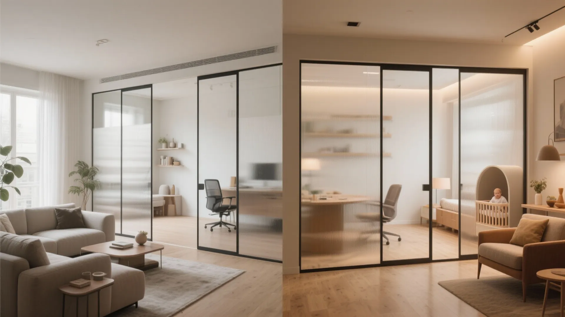 Modern living room layout with sliding glass doors separating a home office and nursery area