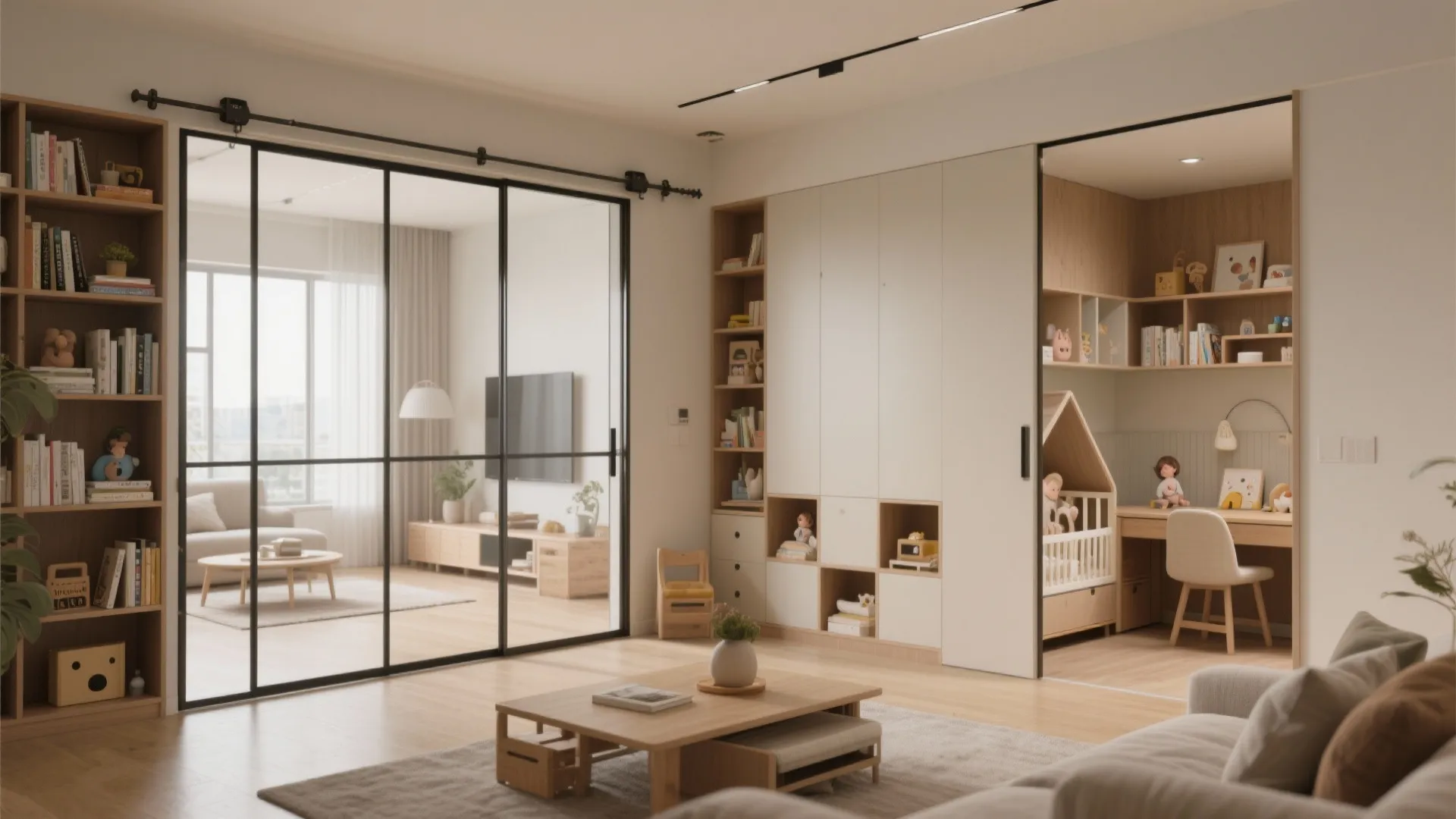 Living area with sliding glass partitions and movable bookcases converting spaces as needs change