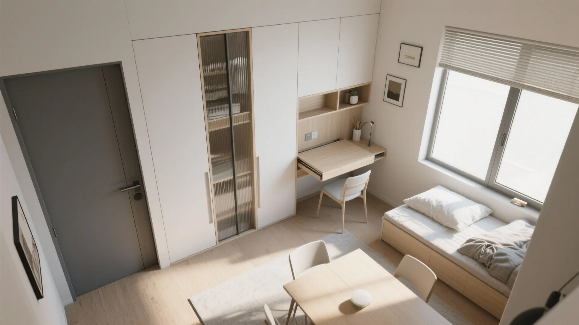 Top-down view of folding furniture and sliding partitions in a compact mobile home room