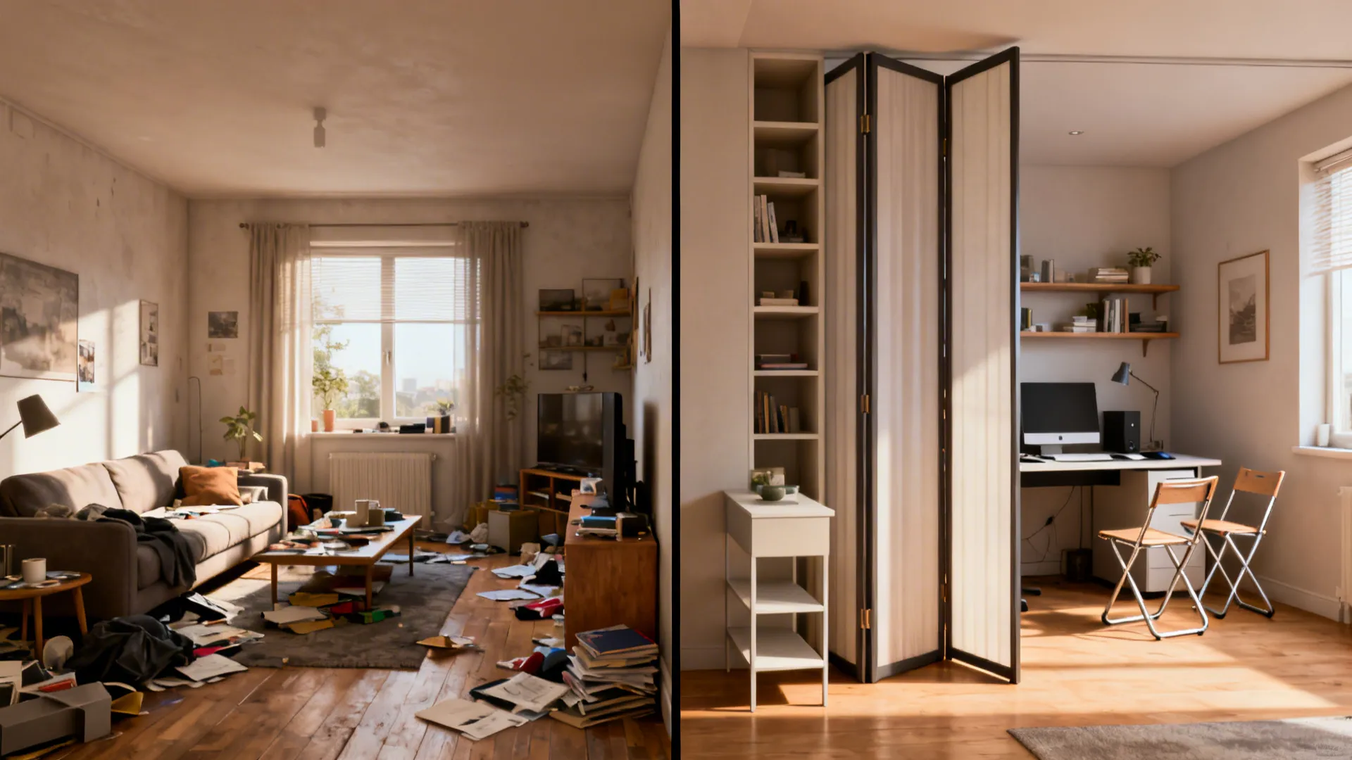 Before-and-after of a small living room using a folding screen and movable shelving to create a flexible layout