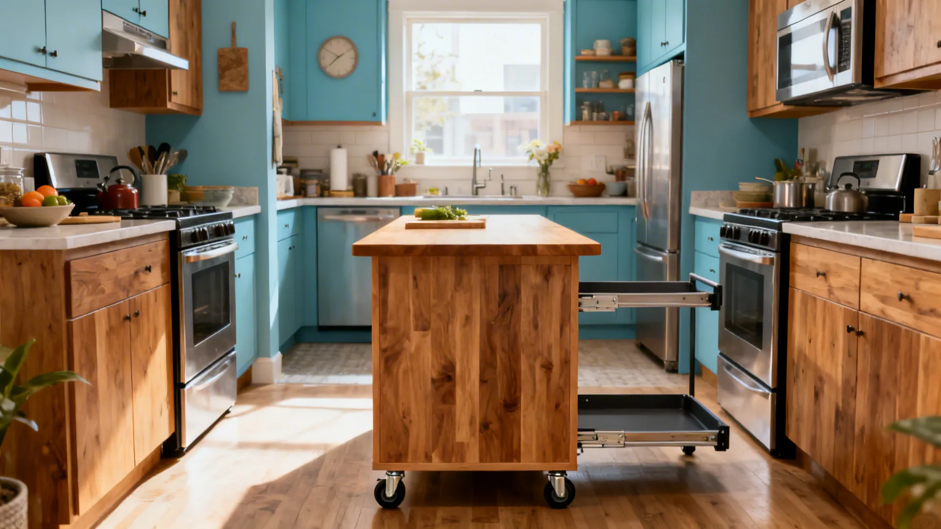 Slim peninsula and a sturdy mobile cart island create a flexible kitchen partition.