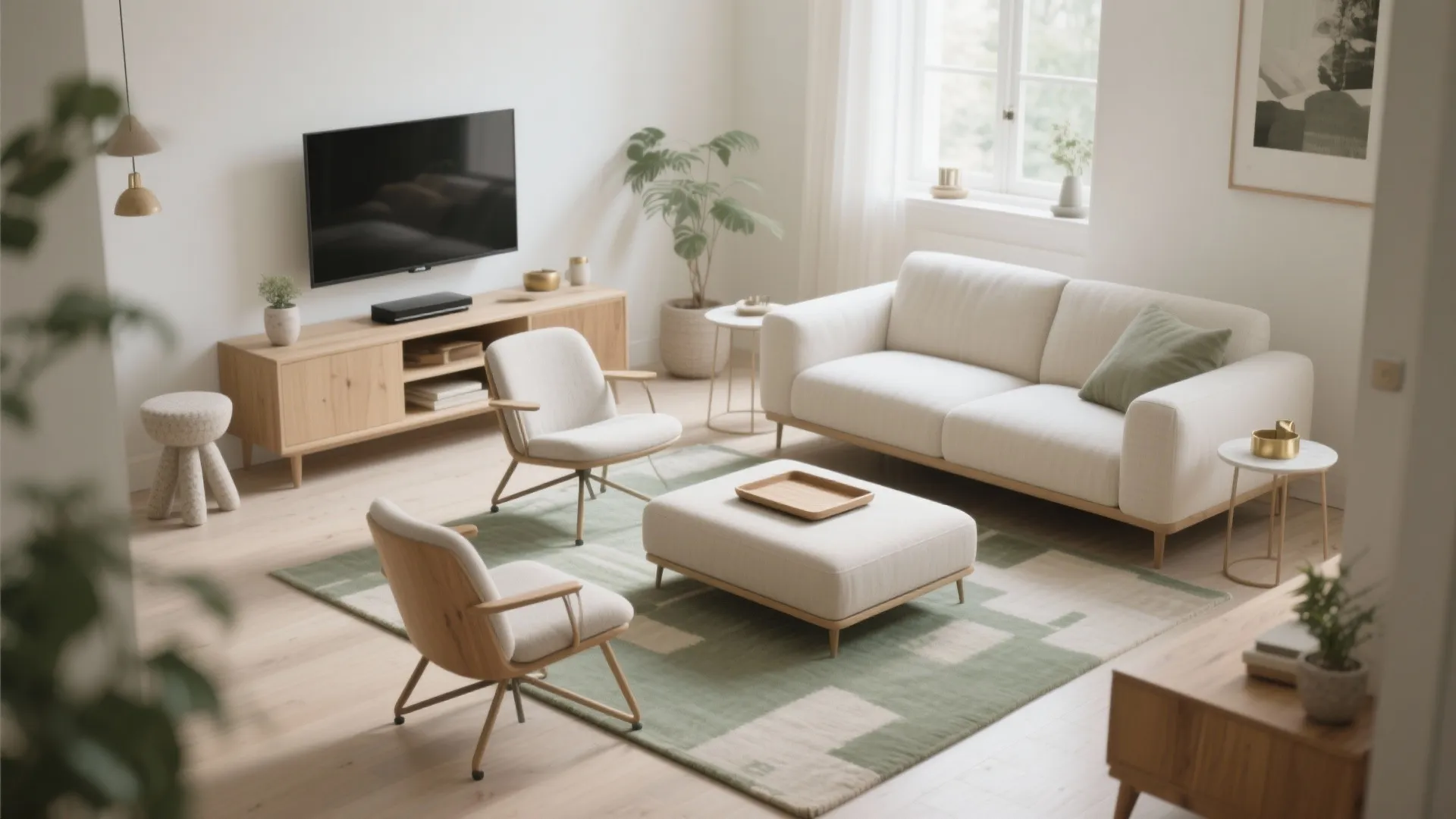 Modern living room with white sofa two chairs footrest green rug wood cabinet and television