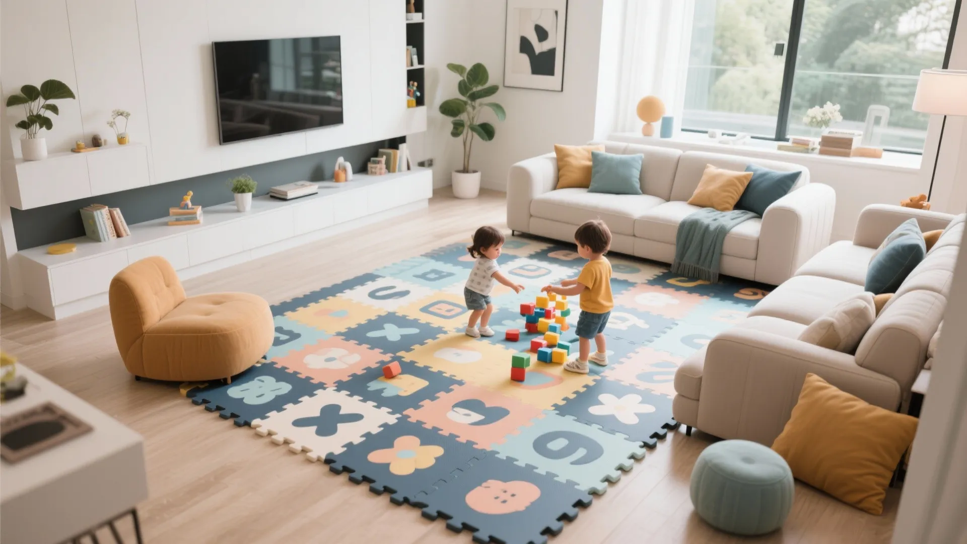 Living room with stylish interlocking foam play mats