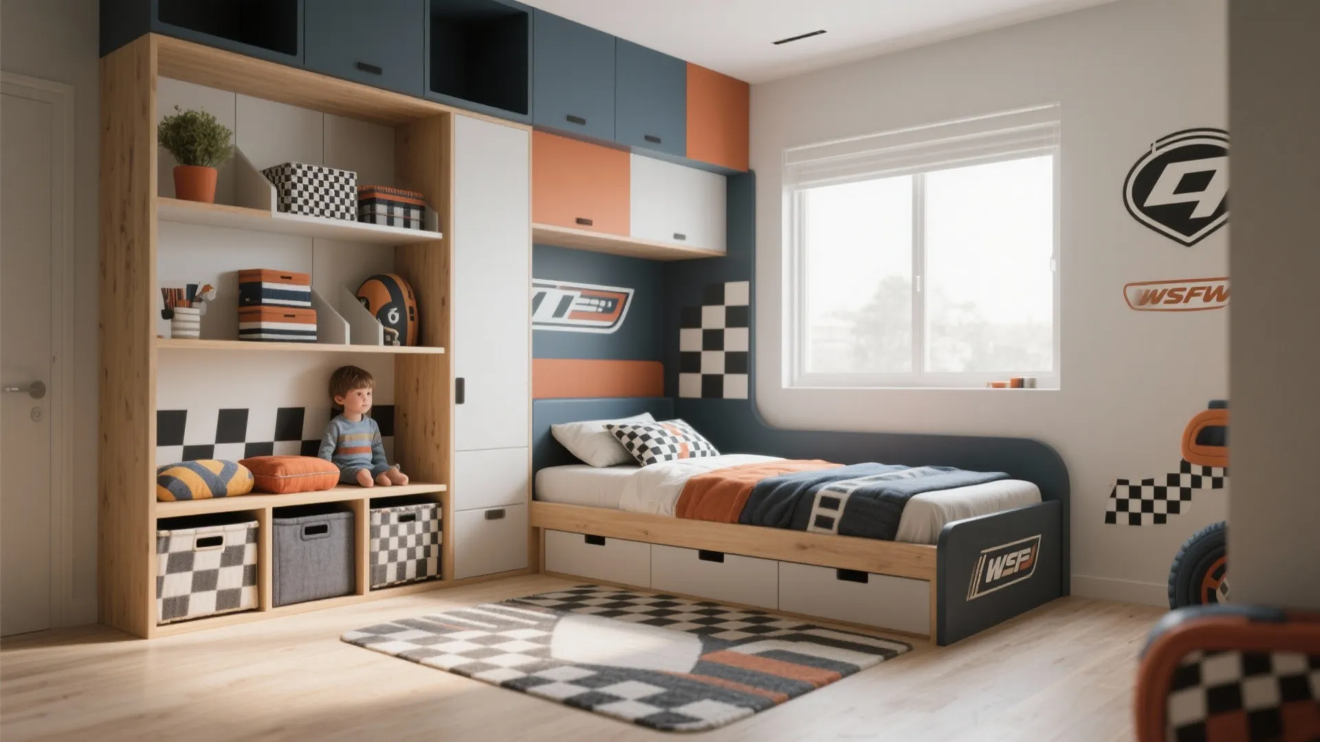 Modular racing corner with neutral furniture and swappable textiles for growth.