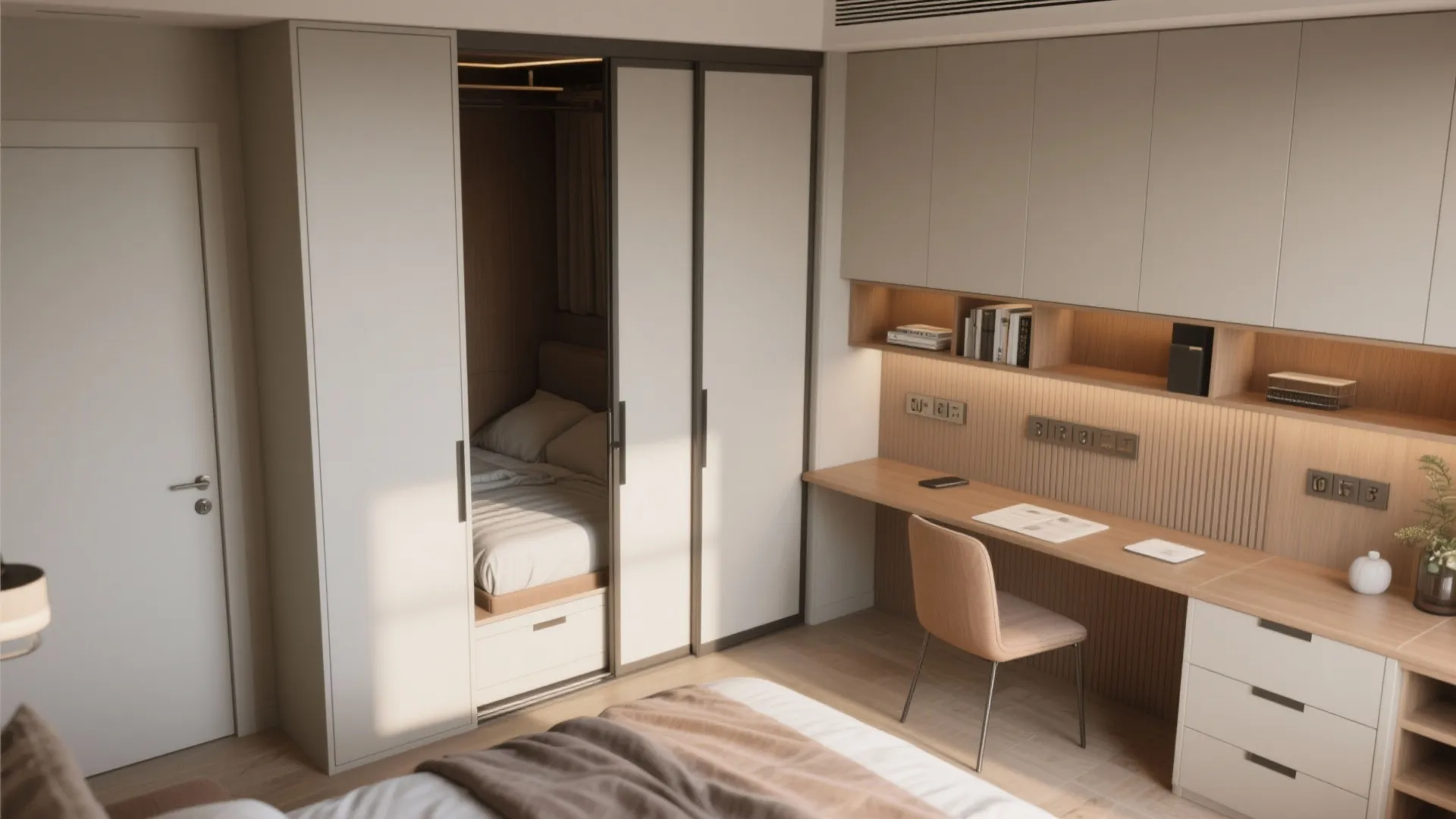 Materials and hardware detail of a Murphy bed and fold-away desk in a flexible room