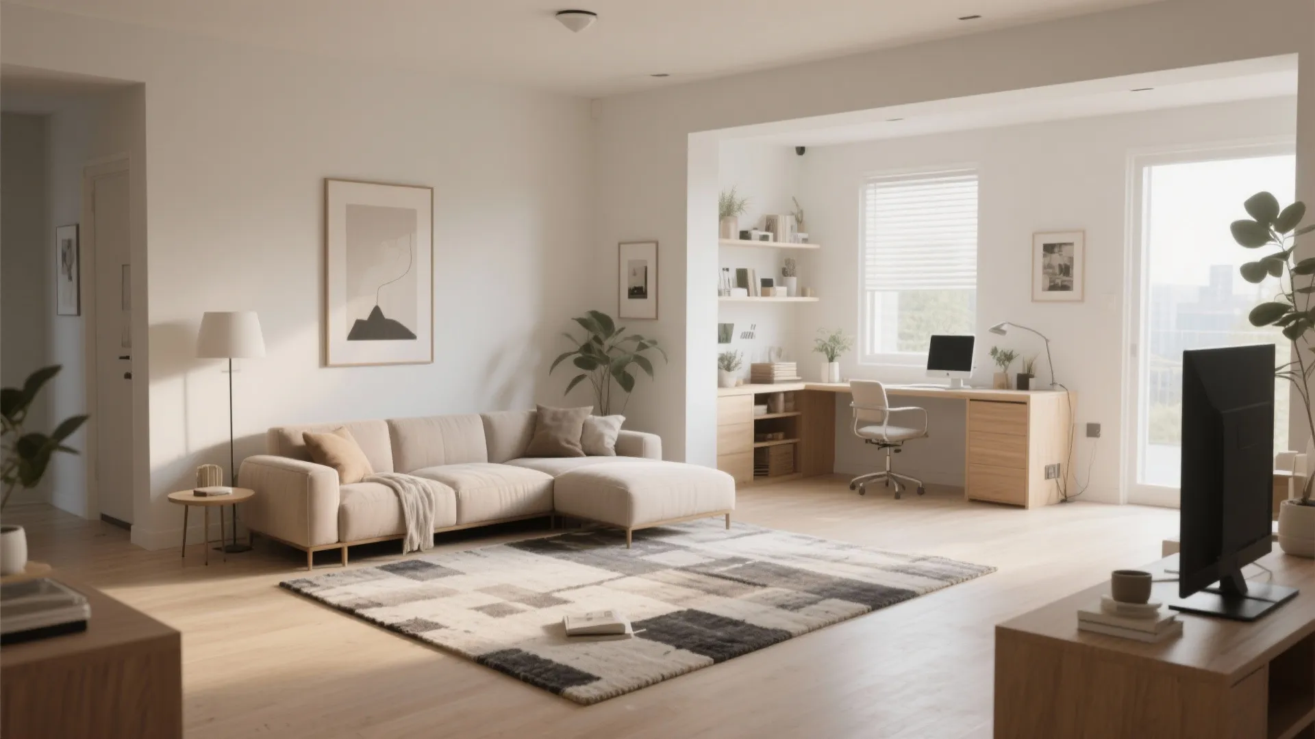 Spacious living room featuring beige sofa patterned rug and corner office desk with large window