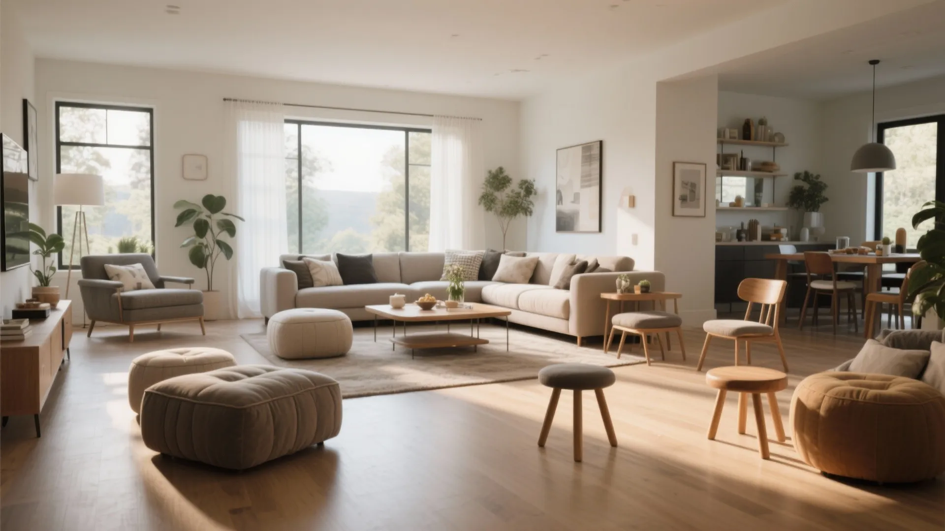 Living space with movable ottomans and stools for adaptable seating