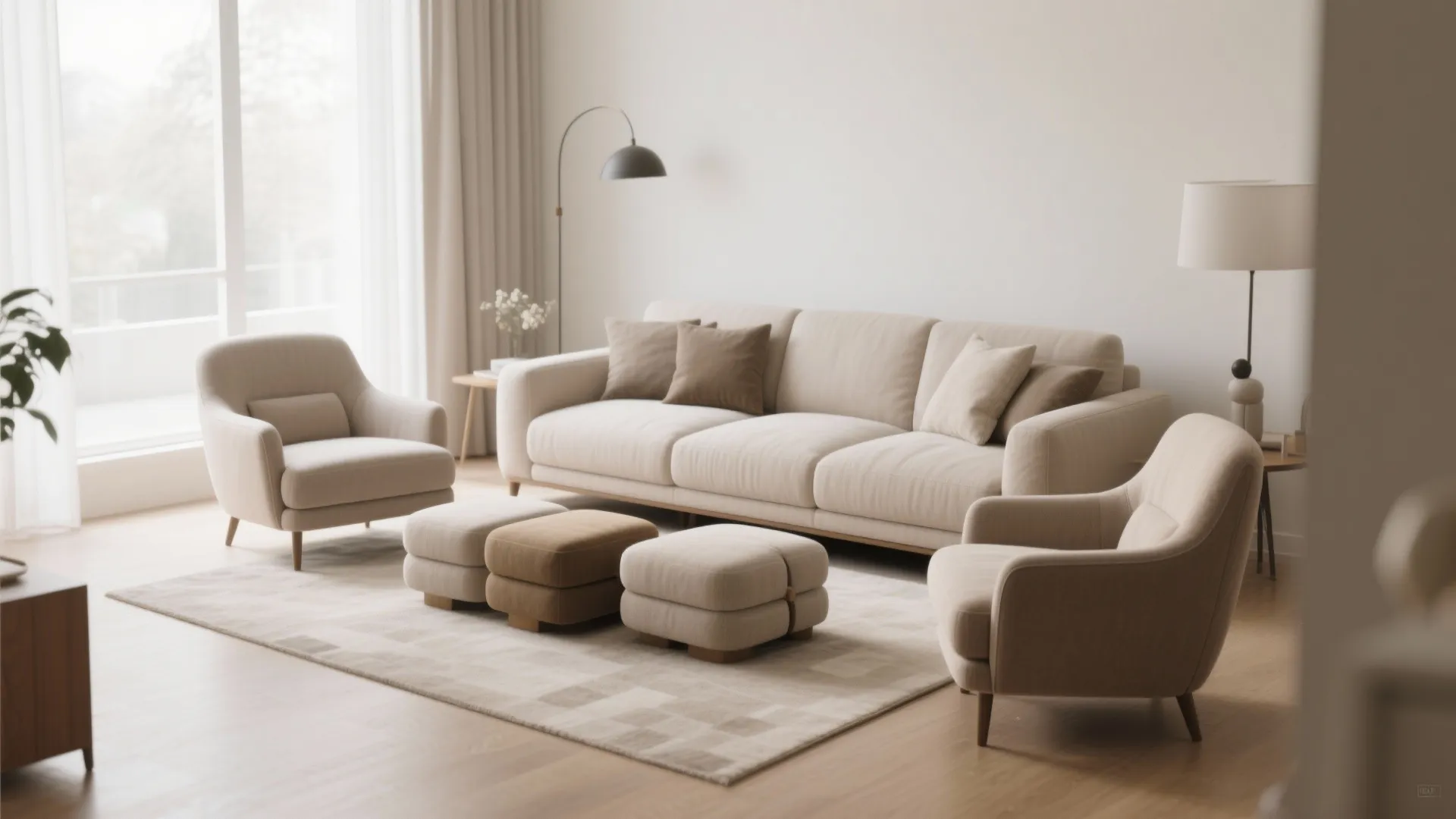 Modern living room with beige sofa two armchairs and three square footrests on patterned rug