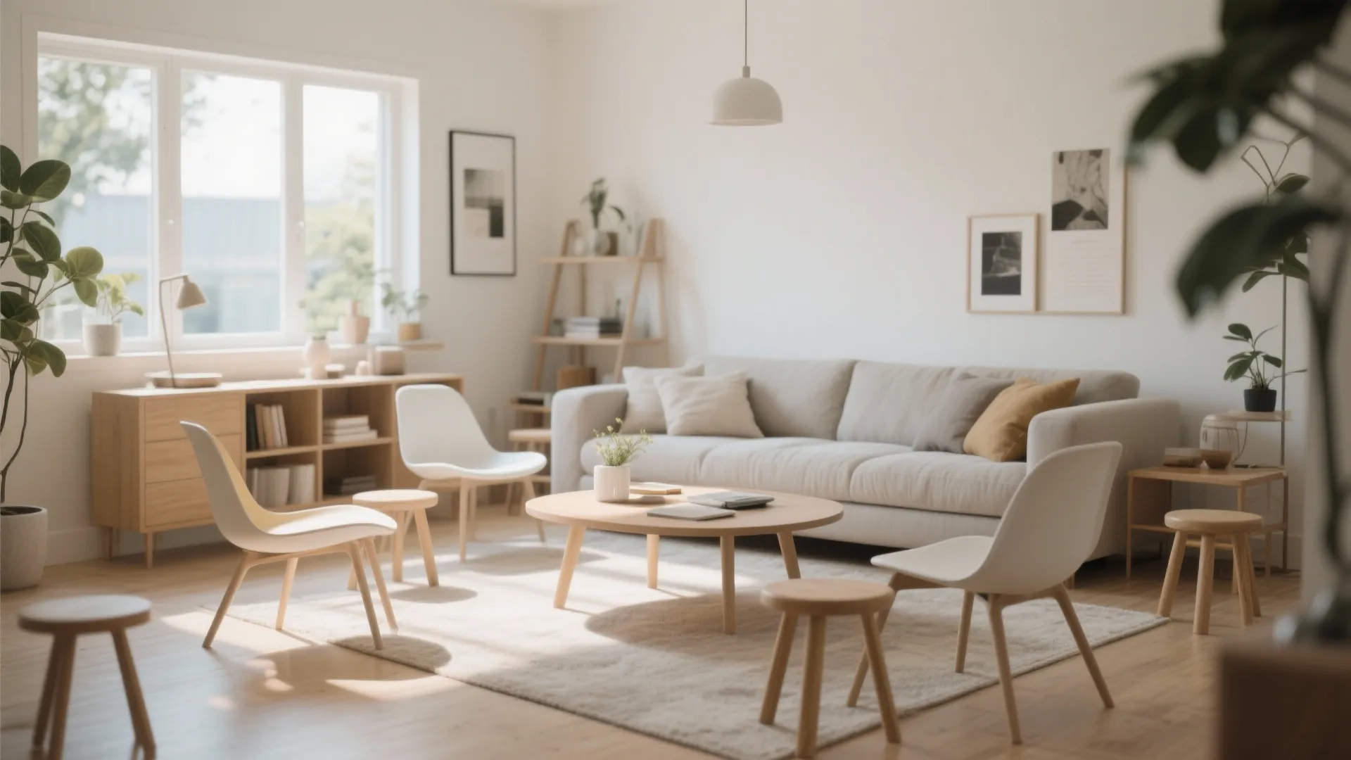 Bright living room with grey sofa wooden coffee table white chairs small stools and plants