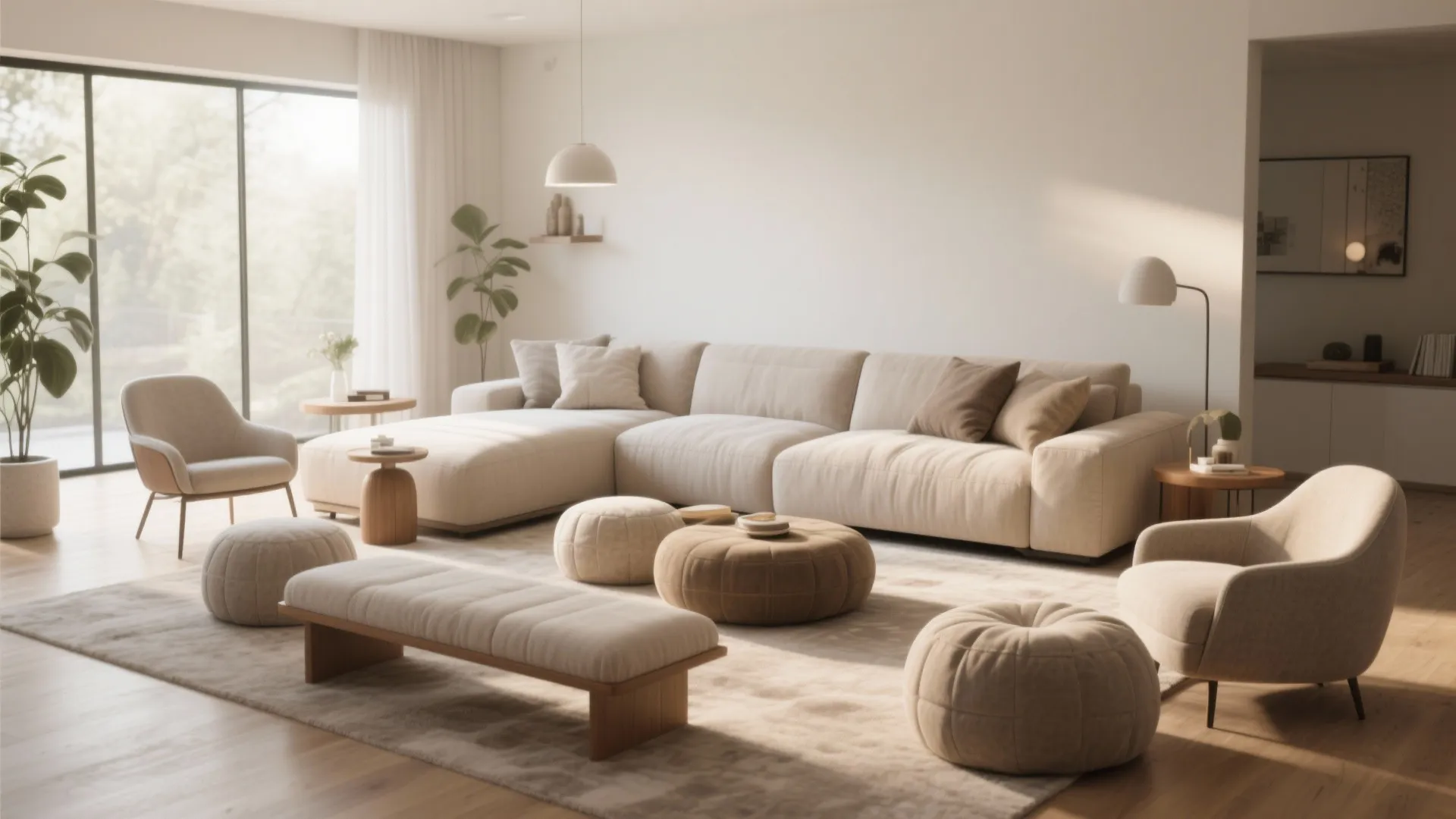 Spacious living room with large beige sofa round footrest chairs bench and bright natural light