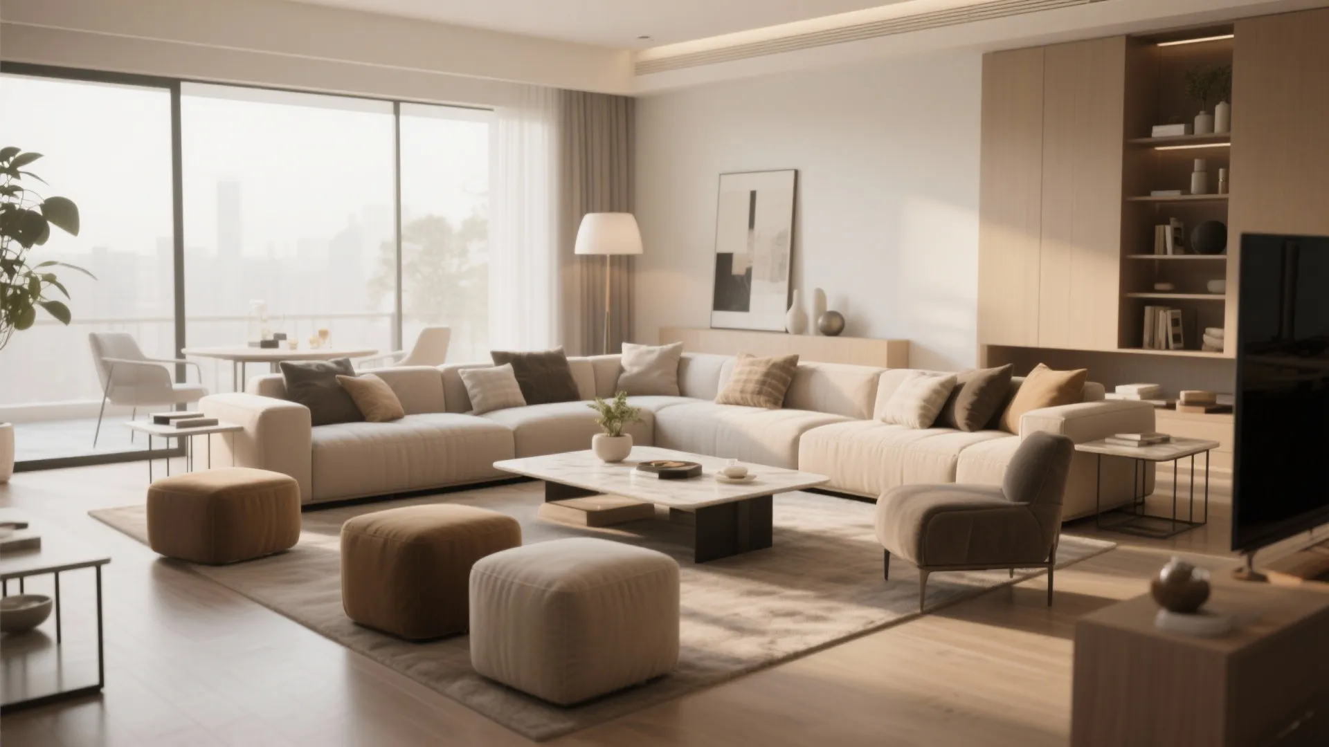 Spacious modern living room featuring large white sofa several brown footrests and marble coffee table