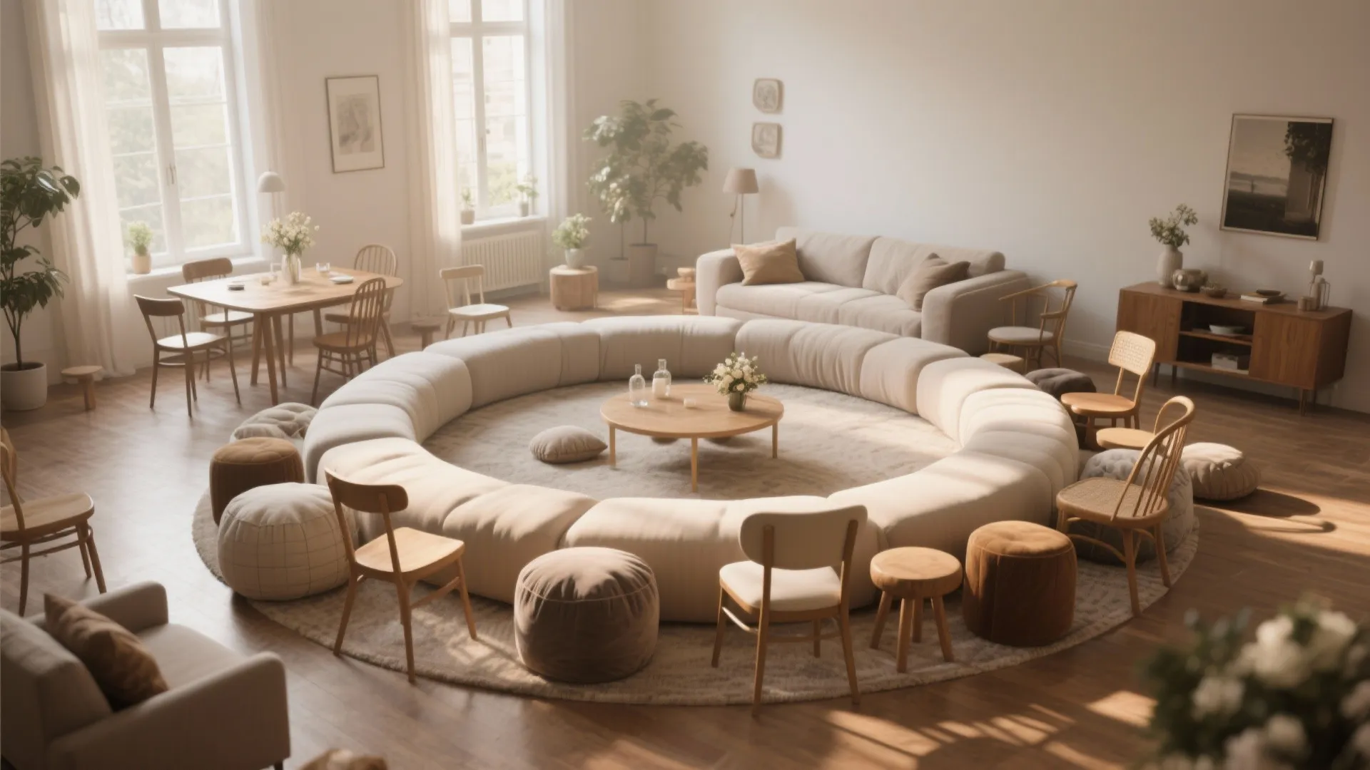 Circular seating arrangement with chairs and cushions for wedding ceremony