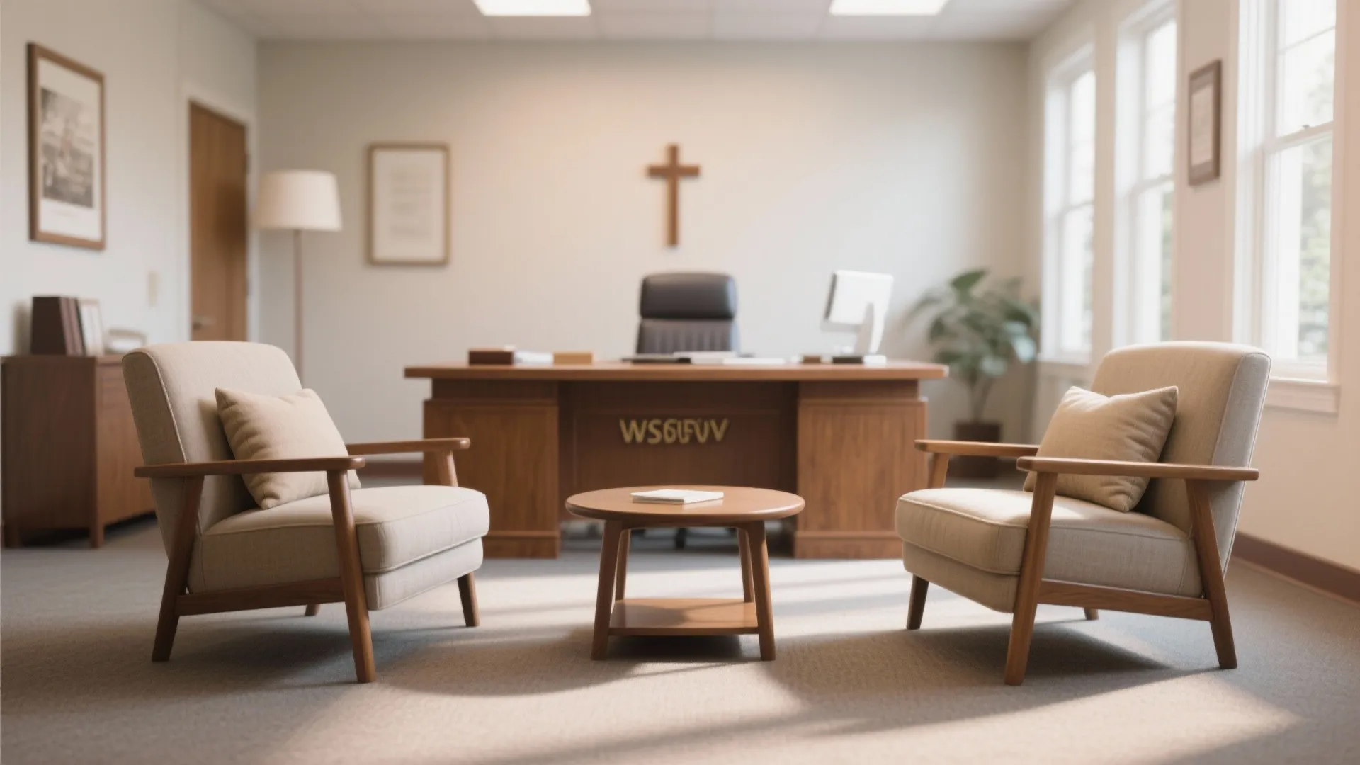Pastor's office with armchairs and coffee table promoting open conversations