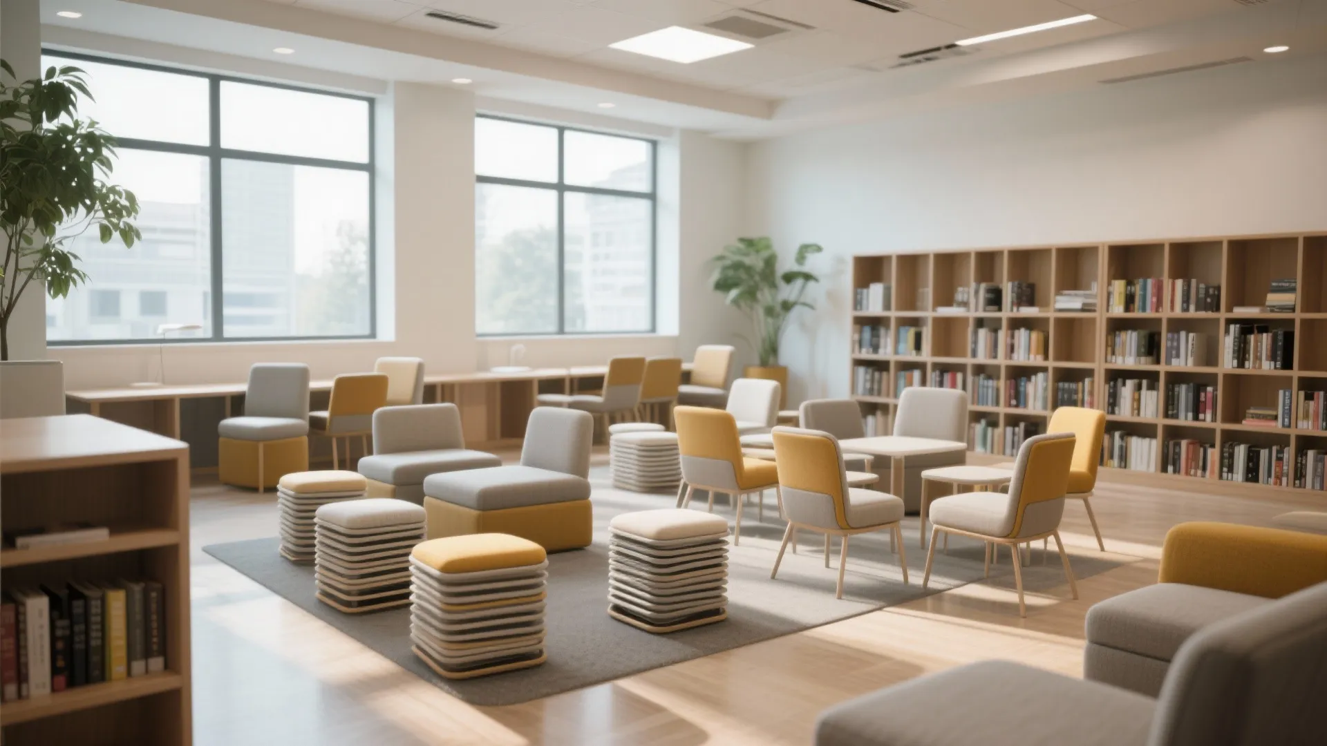 Library lounge area with grey and yellow chairs small footrests wooden bookshelves and large glass windows