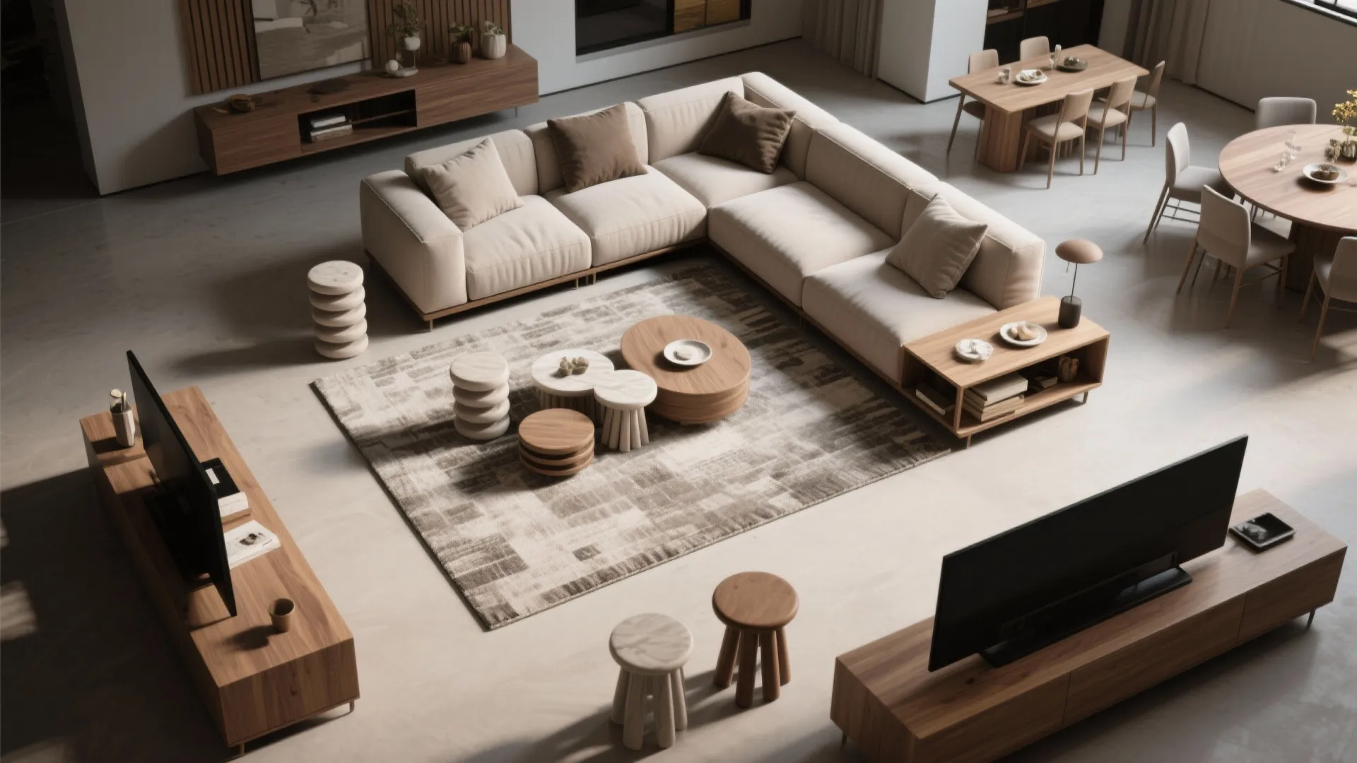 Large open living area with sectional sofa, round coffee tables, and multiple wooden dining sets