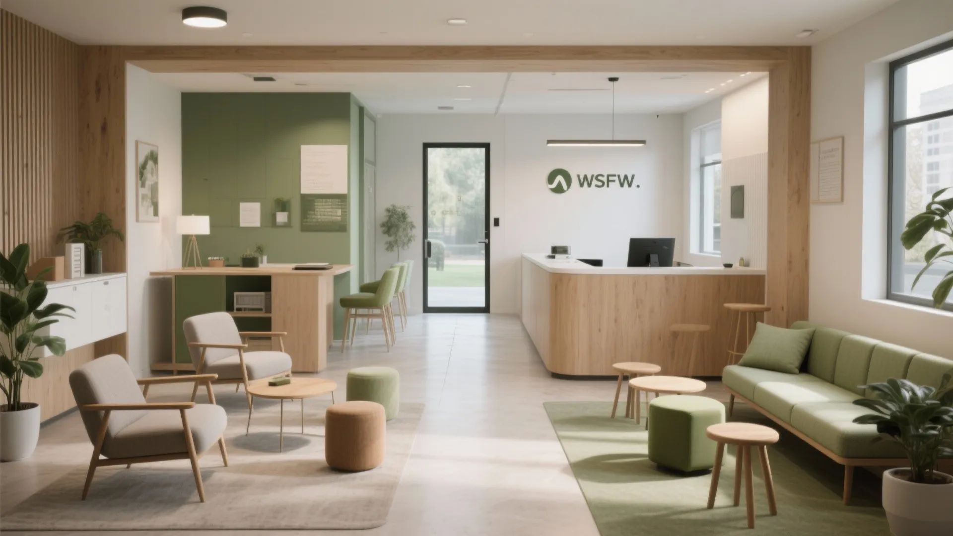Modern office waiting area with green sofa grey chairs wooden desks and warm ceiling light fixture