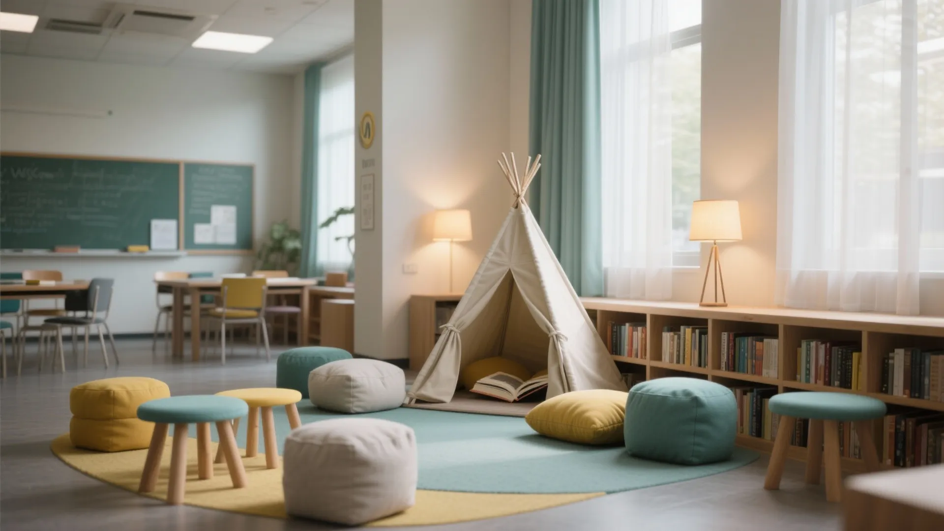 Classroom reading corner with small play tent colorful bean bags low stools and wooden book shelves