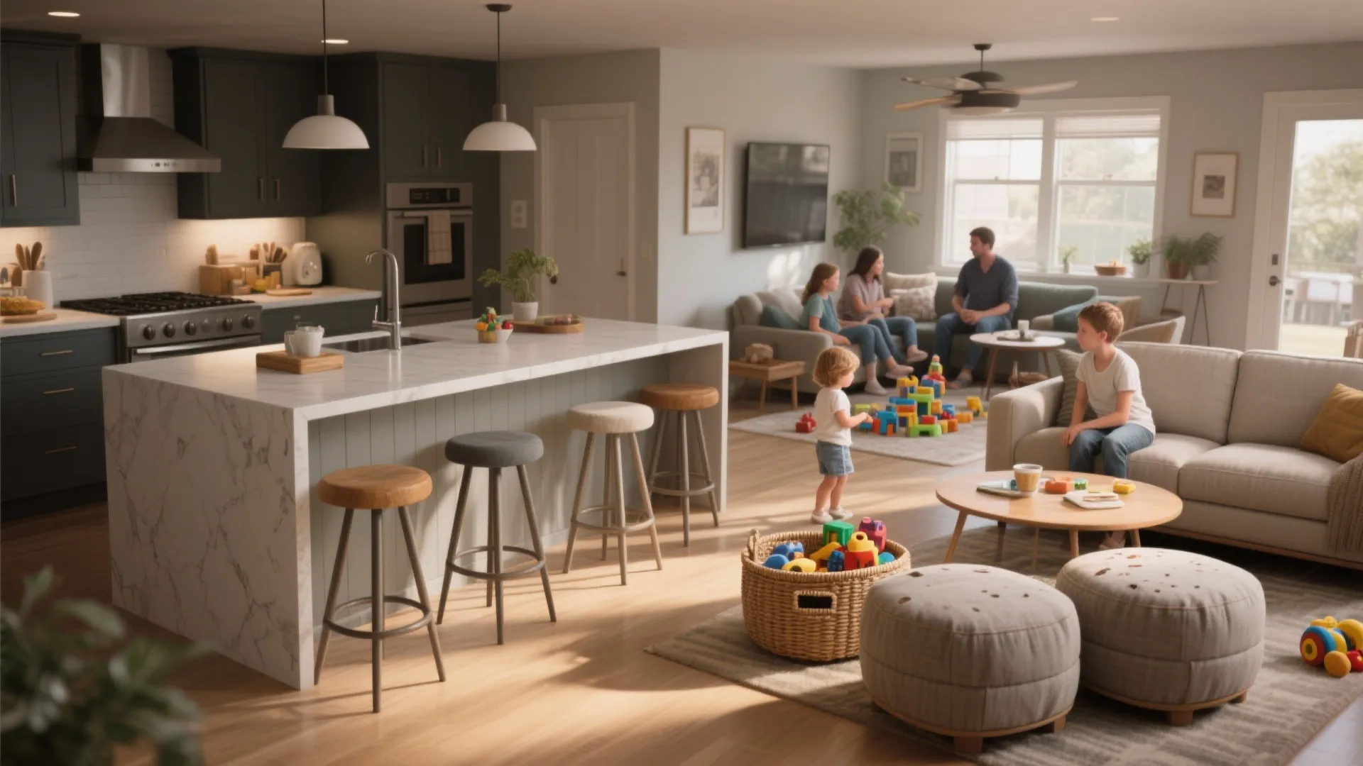 Modern open-plan kitchen and living room featuring a family with kids playing on the floor