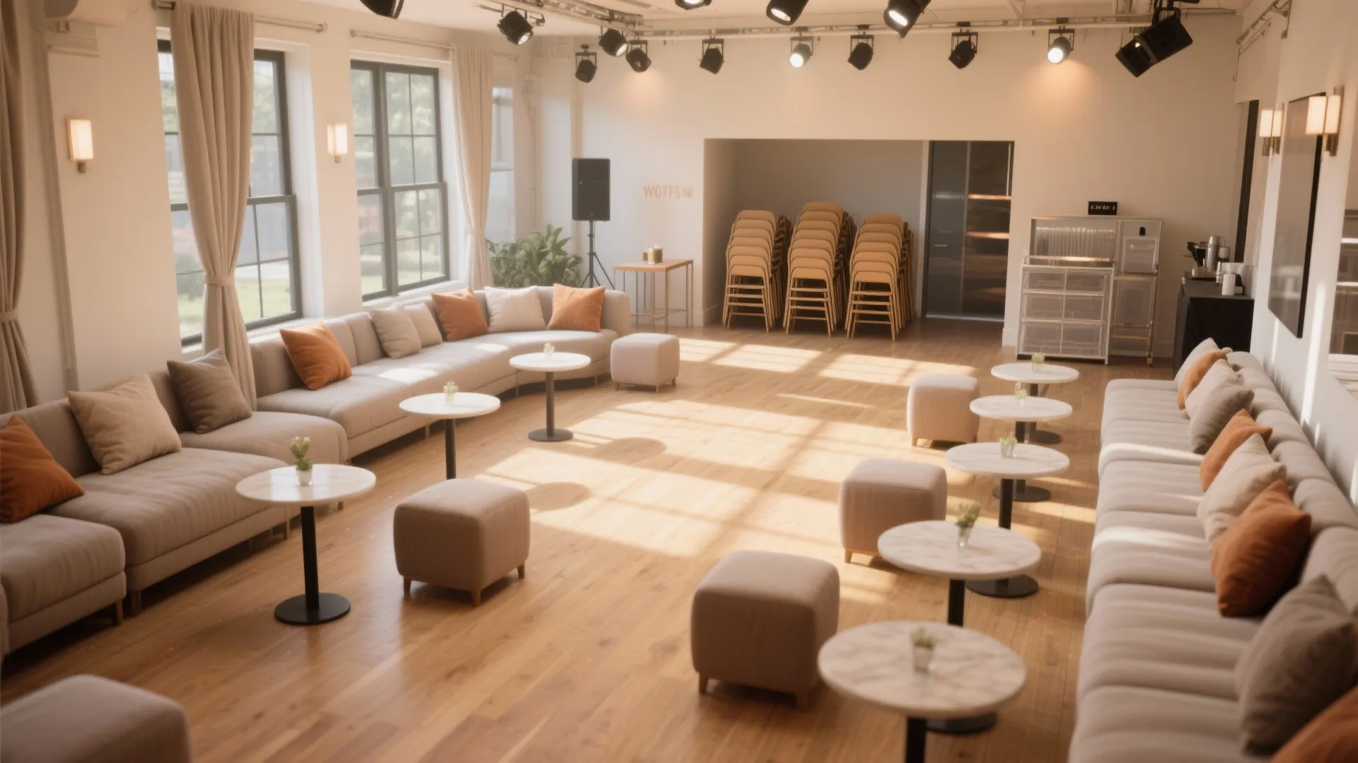 Modern community space with grey sofas and small round tables plus wooden chairs and ceiling lights