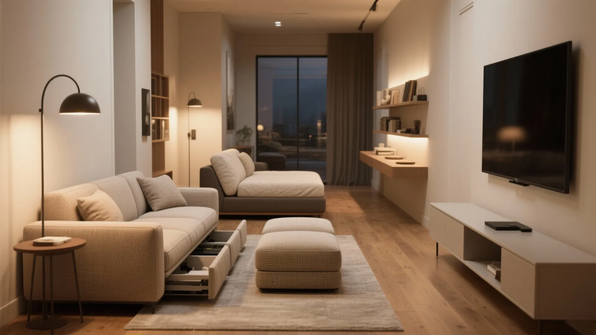 Narrow room with flexible seating: loveseat with ottomans, slim sleeper sofa and storage bench with a floating side shelf.