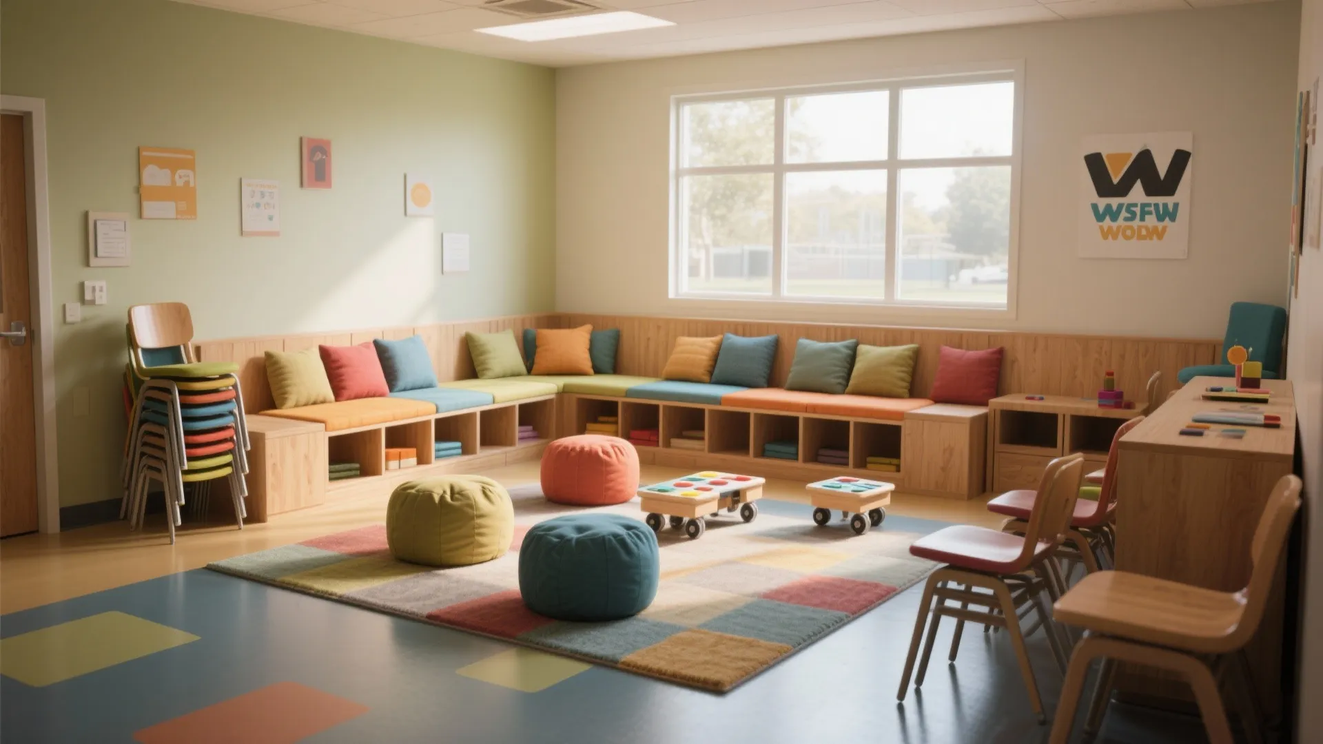 Colorful classroom with cushions on wooden benches, bean bags on rug, and large bright window