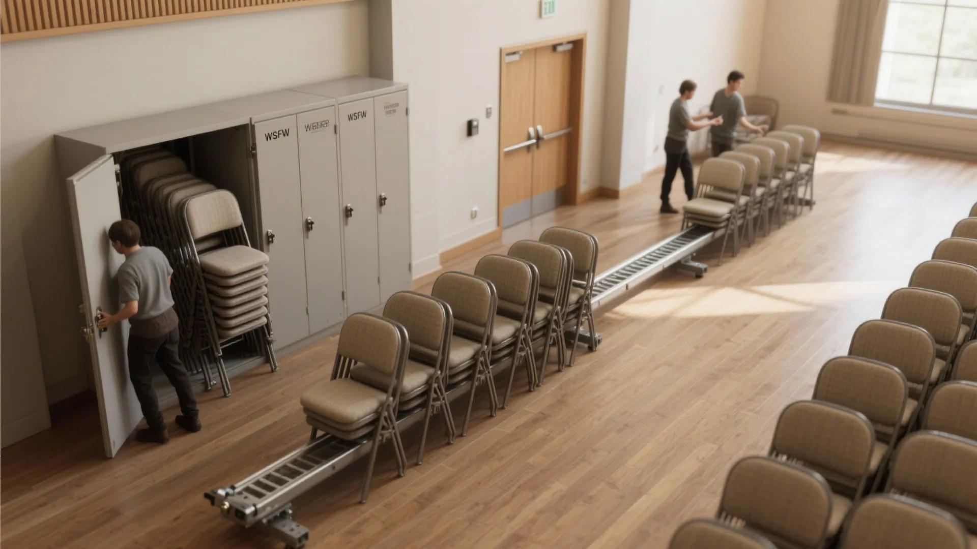 Men moving stacks of chairs using a metal track system into large grey storage cabinets
