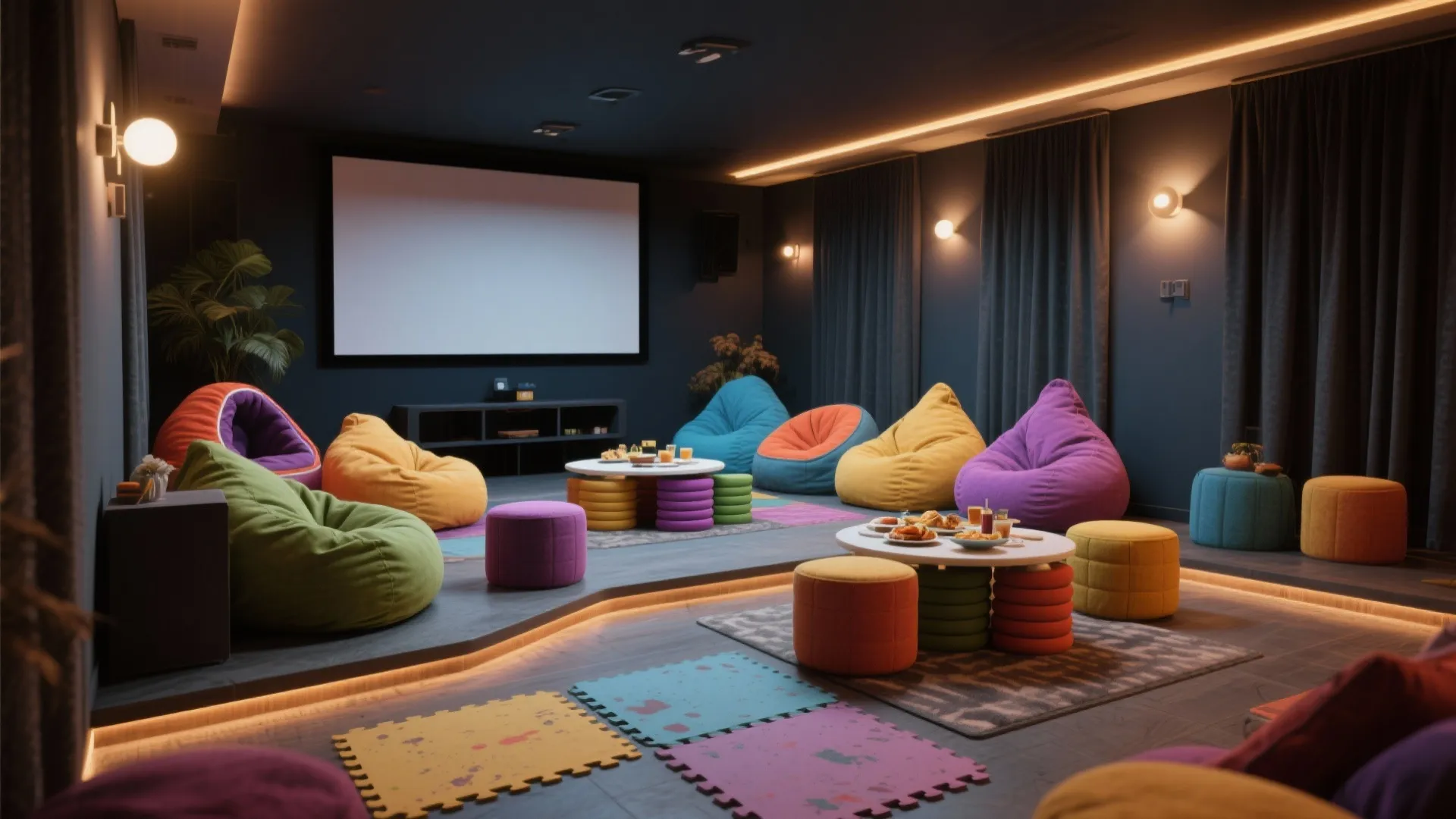 Colorful bean bag chairs and small tables in a dark home theater with movie screen