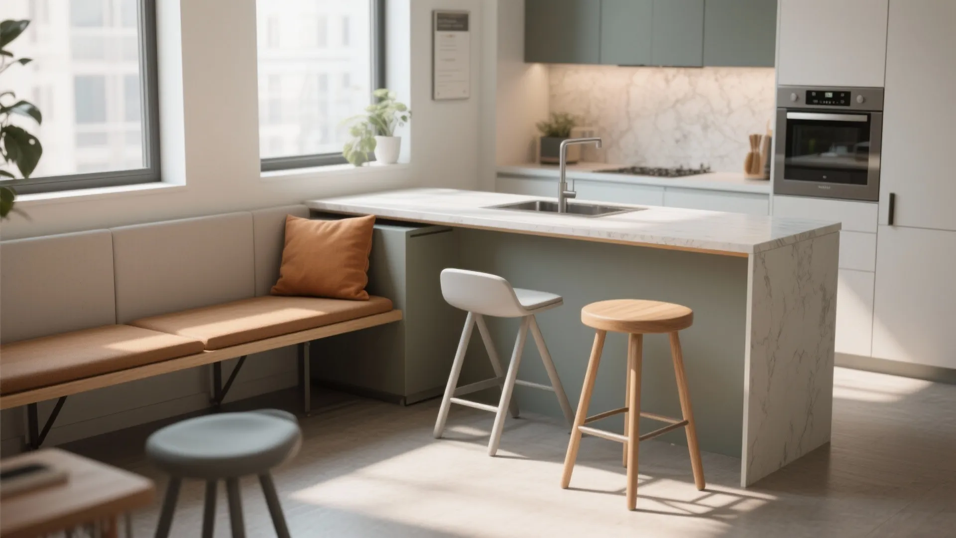 4. Flexible seating — stools, benches, and foldaways