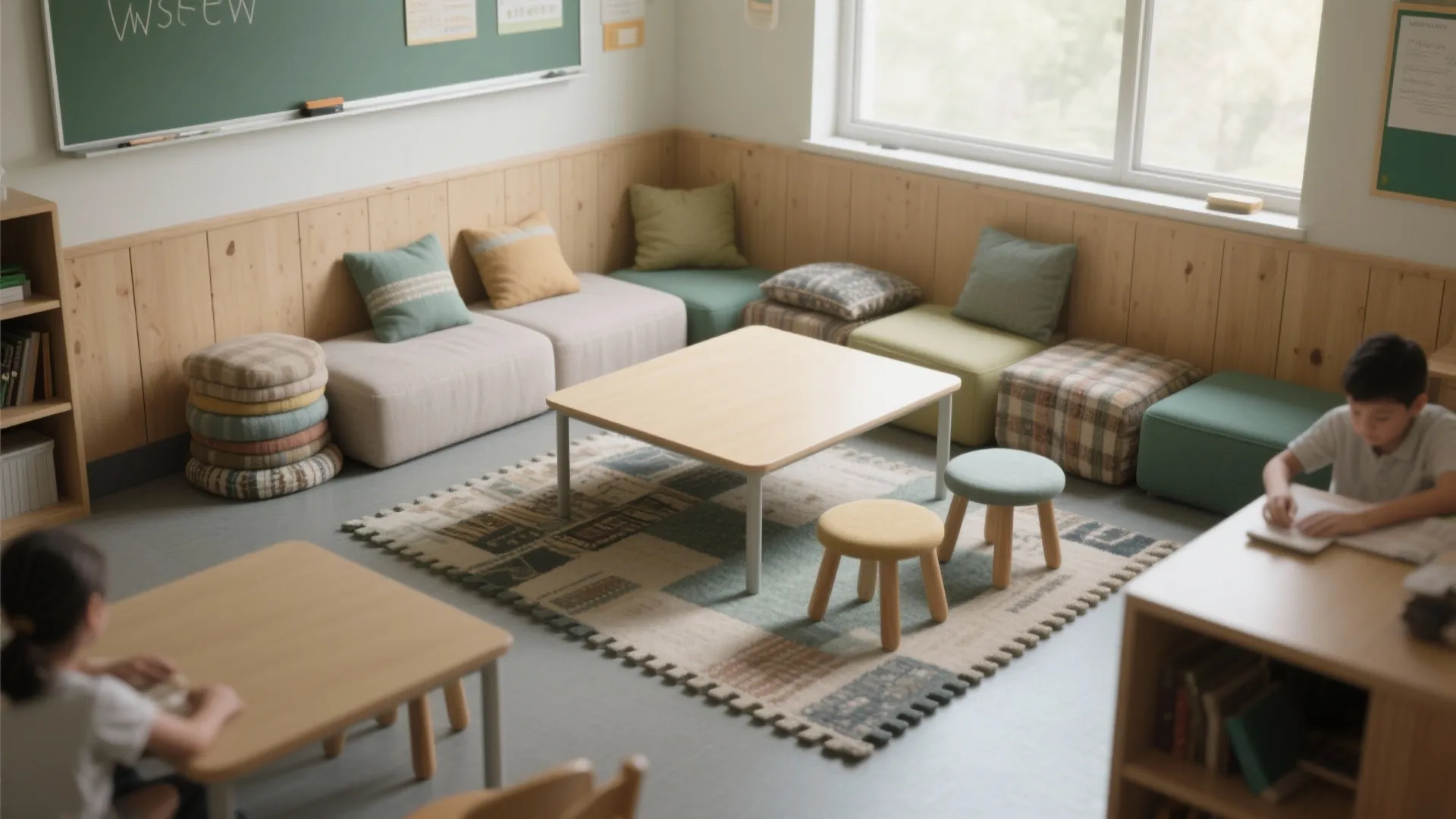 Classroom corner with colorful floor cushions, small wooden tables, patterned rug, and natural window light