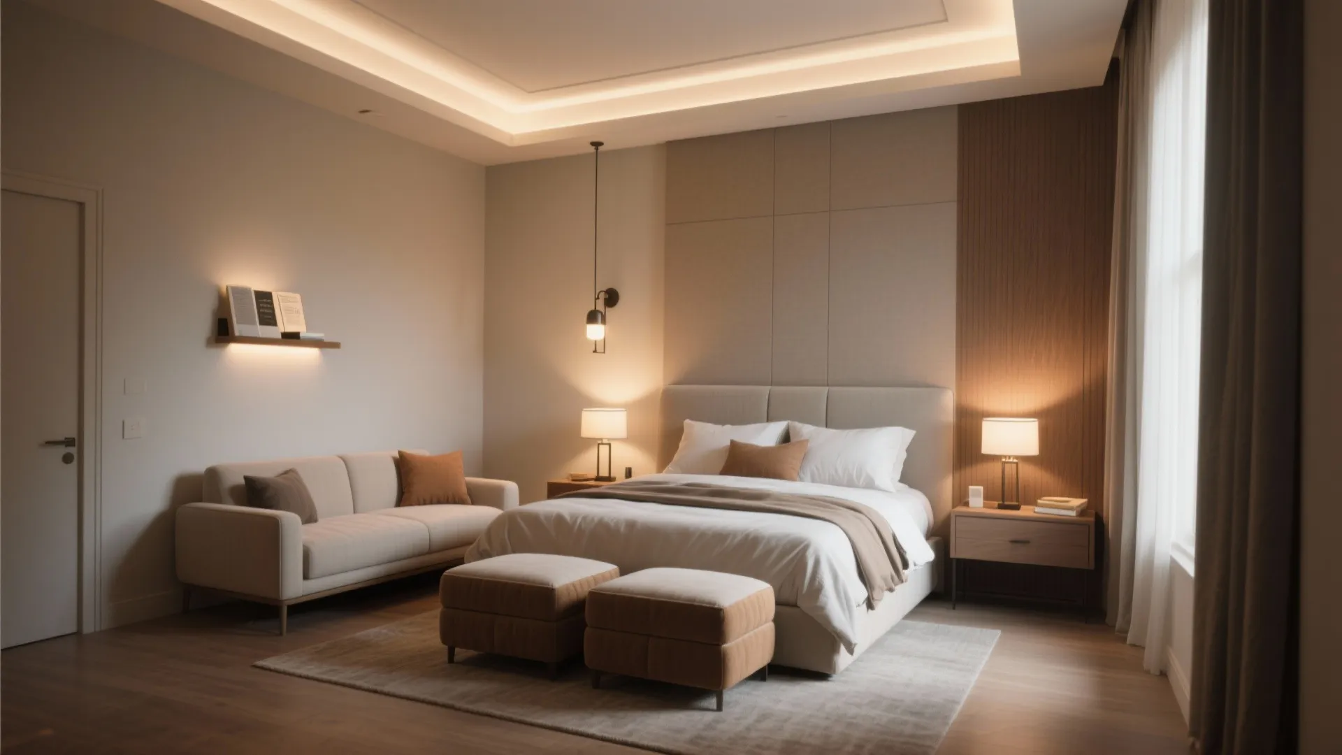 Small loveseat at the bed foot with layered lighting: bedside lamps, dimmable overhead and reading fixture.