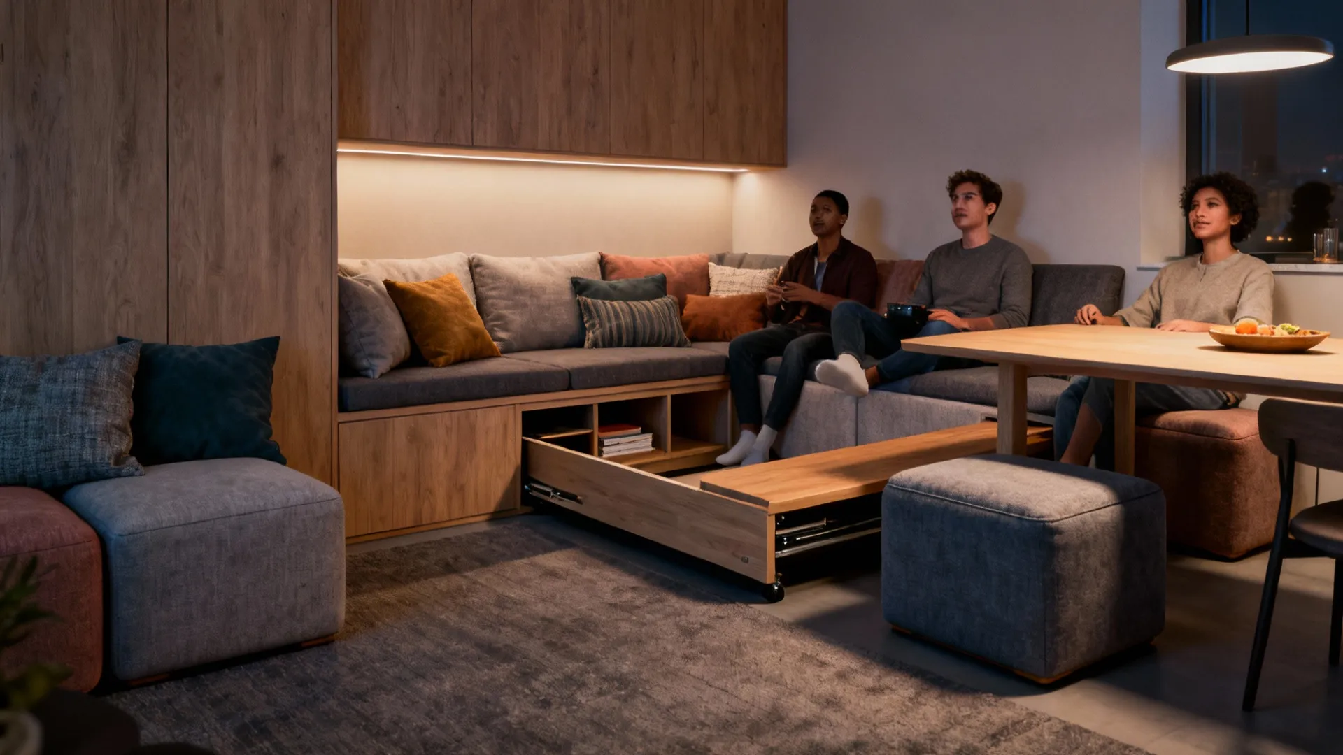 Modular seating and multi-use furniture in an open-plan living area with hidden storage