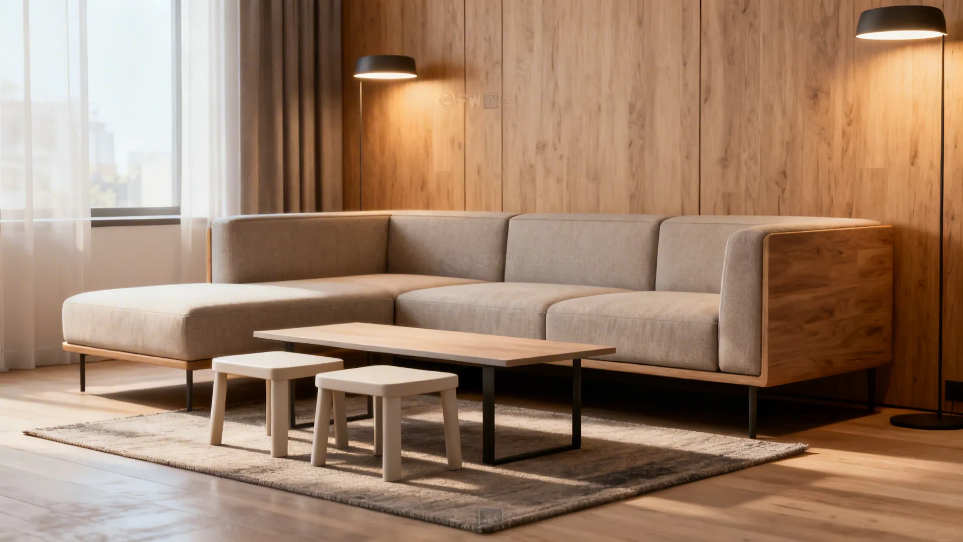Modern beige sofa with a wooden coffee table two small stools and two black lights