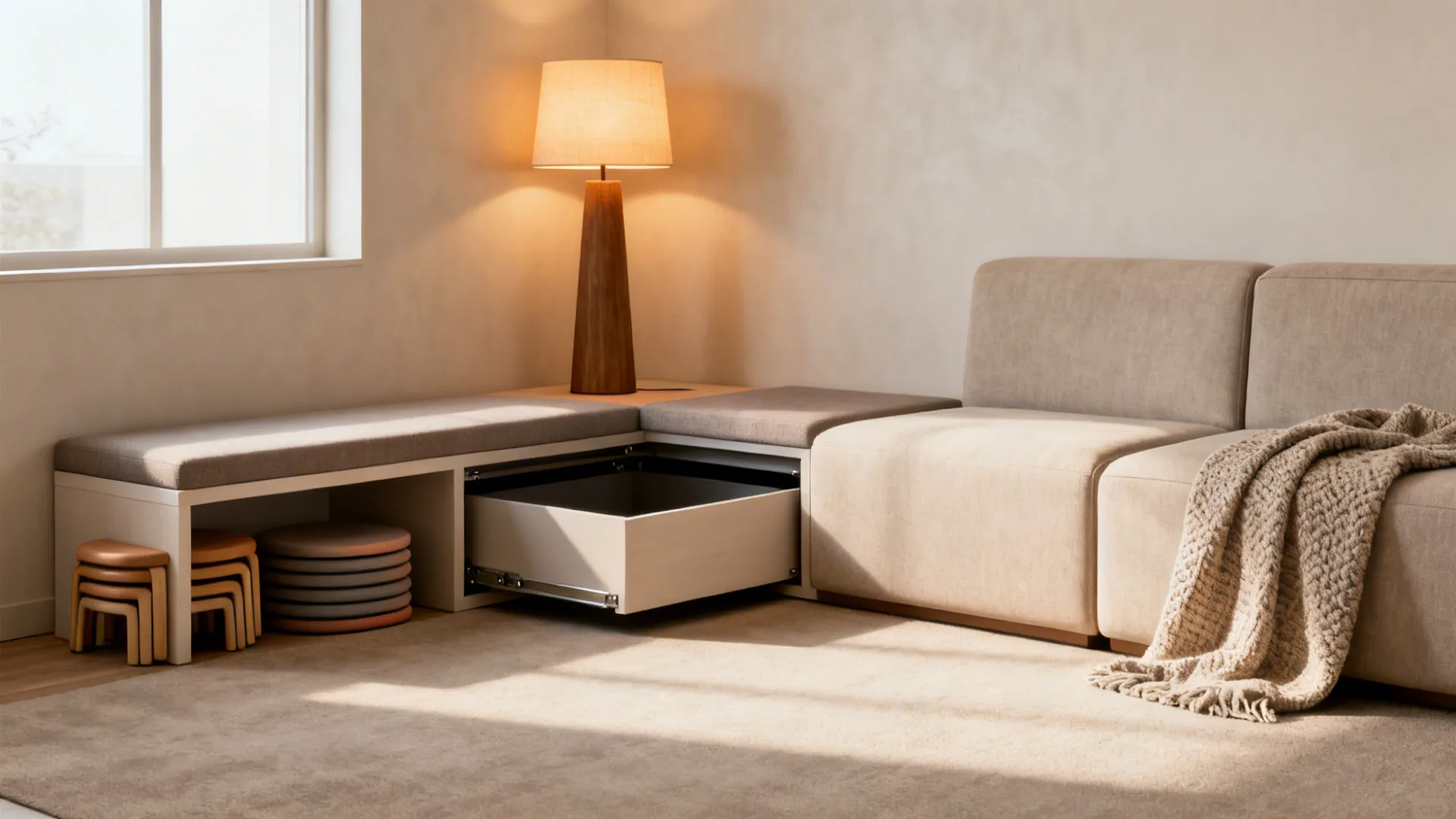 Small living area showing a modular sofa and stackable stools with hidden storage bench.