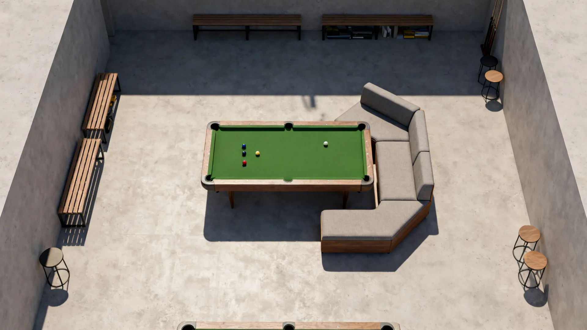 Top-down layout showing modular seating and circulation around a small pool table