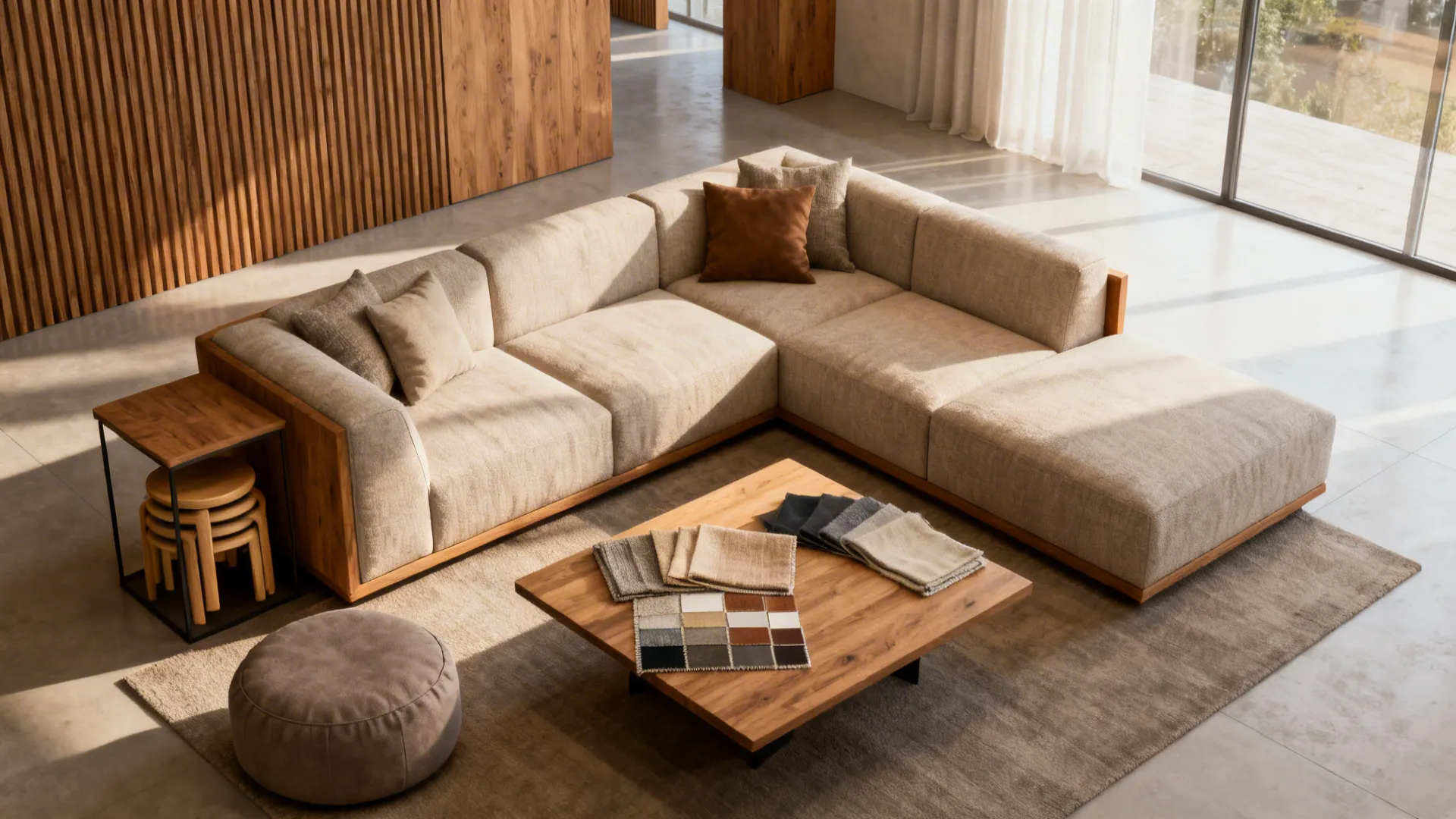 Modular sofa with poufs and stackable stools arranged for different layouts in a small living room.