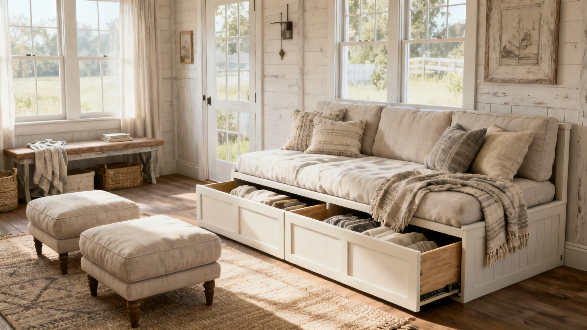 Compact living room with sleeper sofa, ottomans and storage bench arranged for multifunctional use.