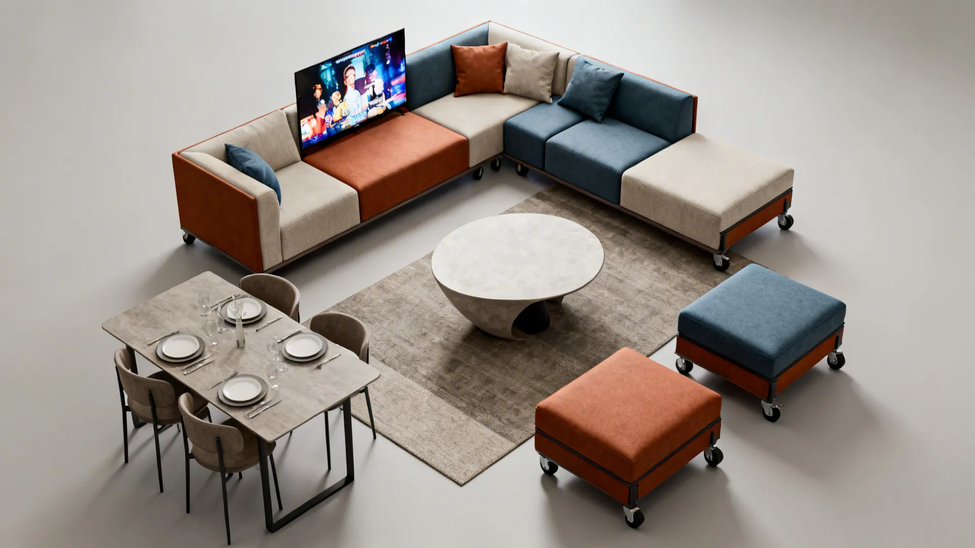 Top-down layout of modular seating and ottomans reconfigured for multiple uses