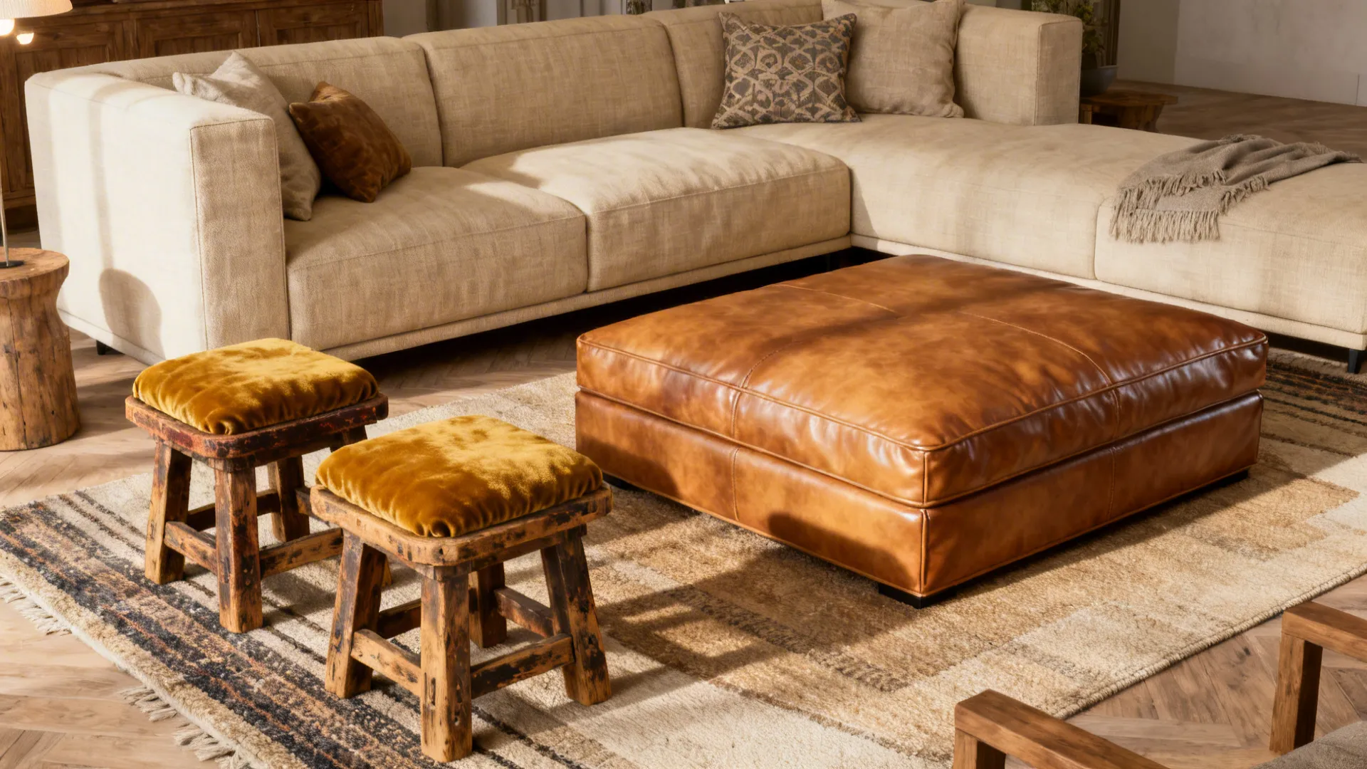 Flexible seating arrangement with sofa, vintage stools and multifunctional ottoman.