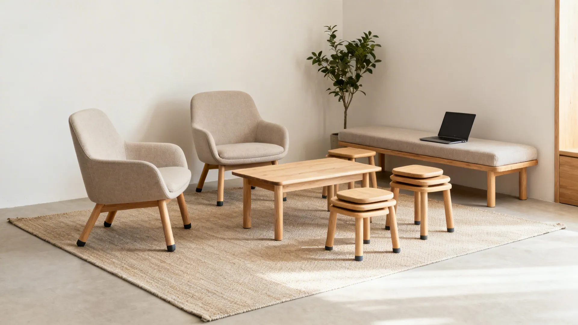 Small living room with modular slipper chairs and a slim bench arranged for easy reconfiguration on a flat-weave rug.