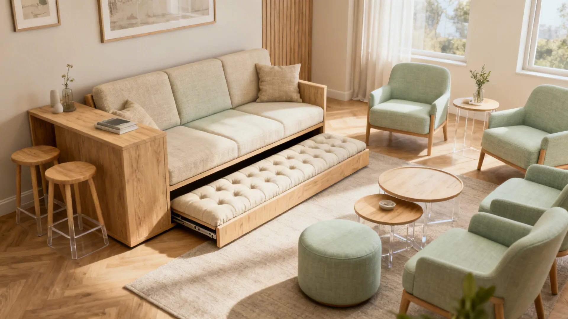 Flexible seating with a slim loveseat, nesting stools, and a bench that tucks under the console.