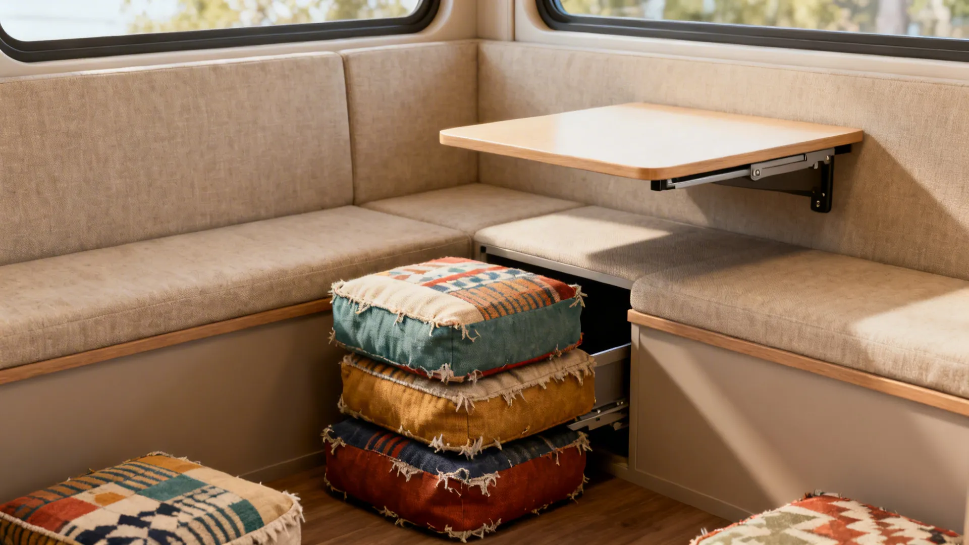 Bay window area with stackable poufs and a fold-down table for flexible seating.