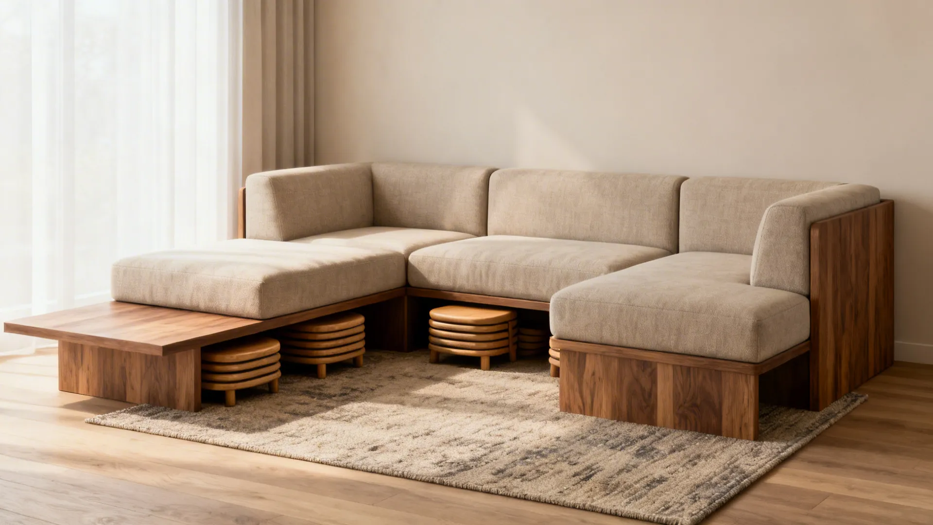 Modular sofa and stackable stools arranged on a rug to create flexible seating zones in a small living room.