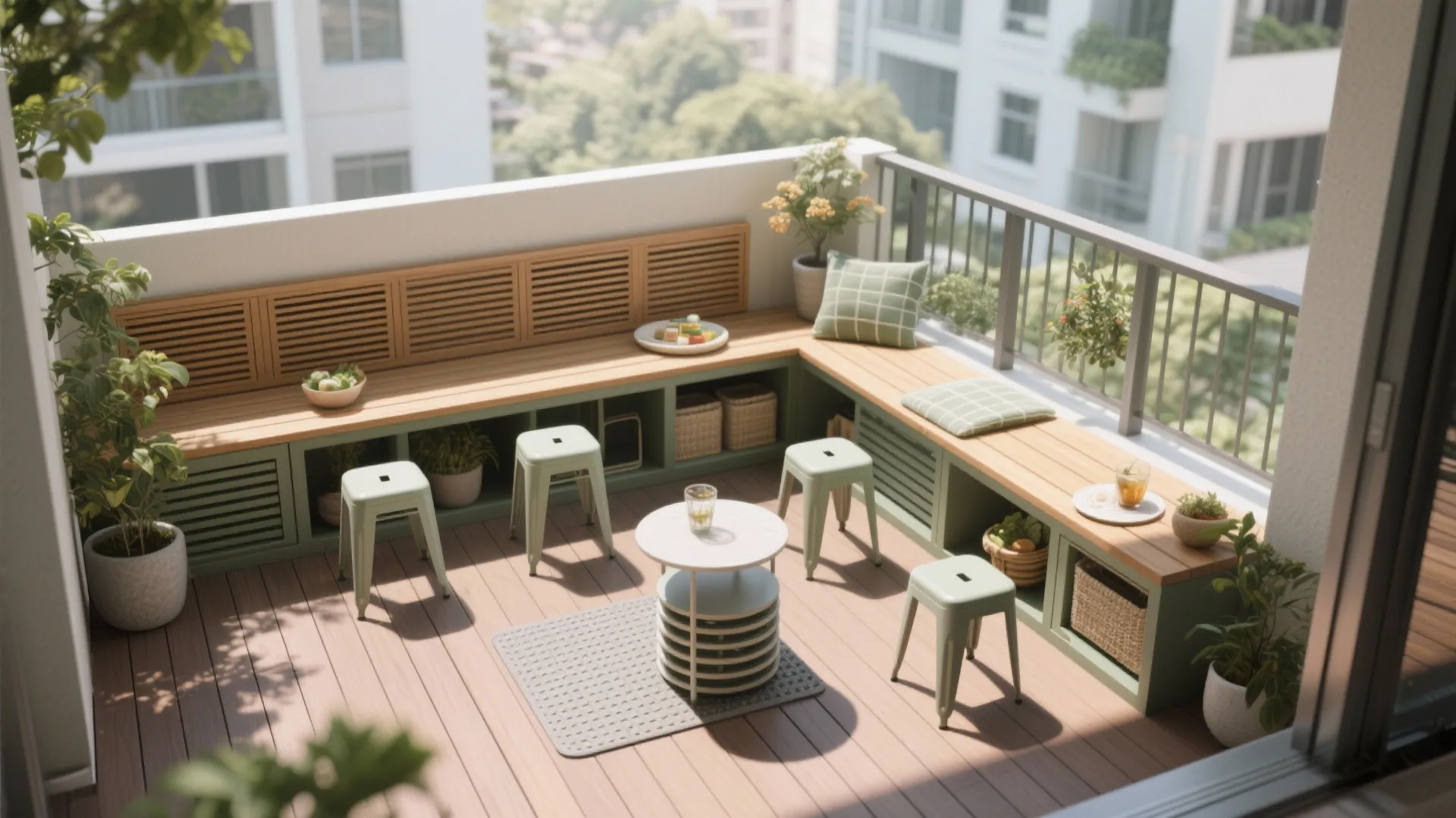 Outdoor balcony featuring green built in seating wooden bench small stools round table and floor rug