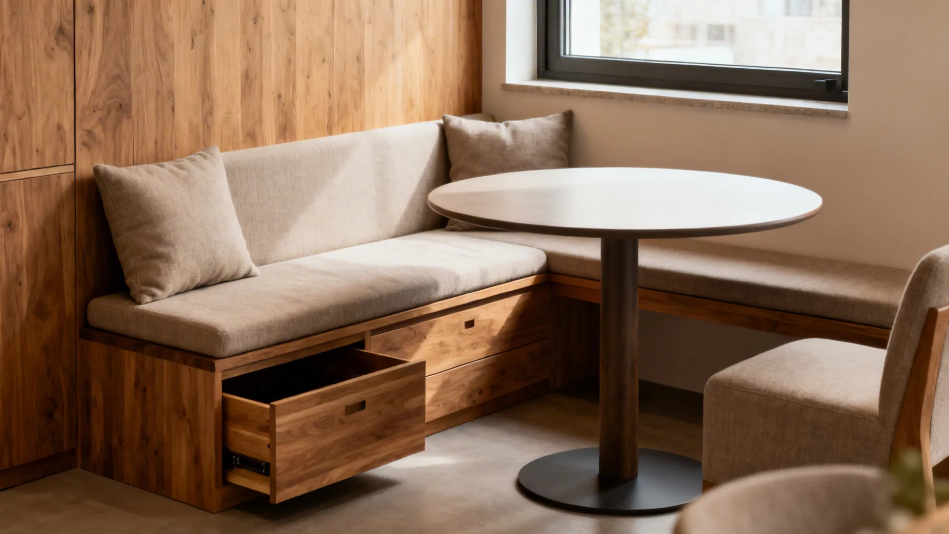Small dining nook with a slim banquette with storage drawers, a round table, and a window bench in warm tones.