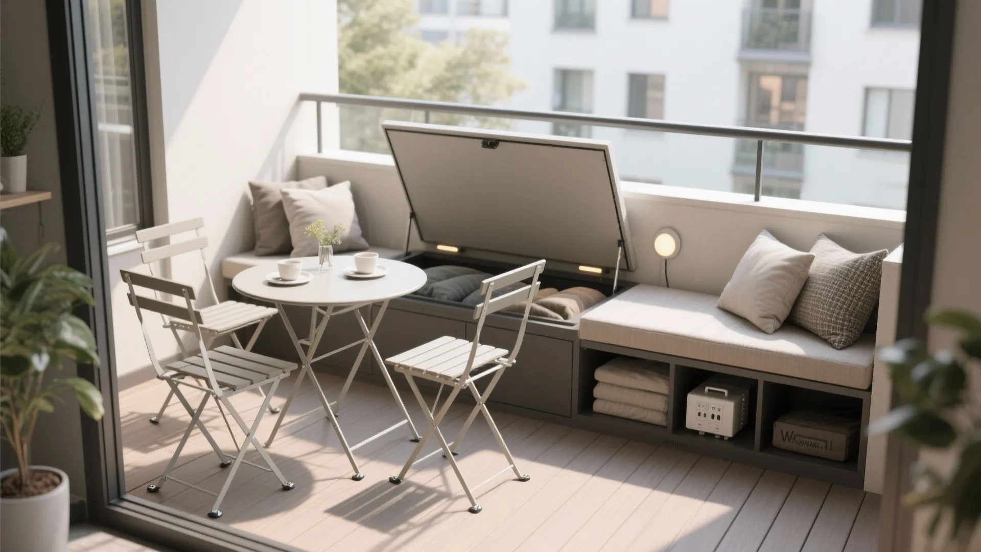 Compact balcony with foldable bistro set and storage bench hiding cushions and accessories.