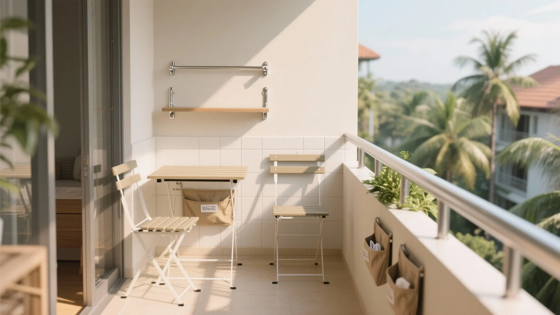 Small apartment balcony with folding wooden table two chairs wall shelf and hanging storage bags