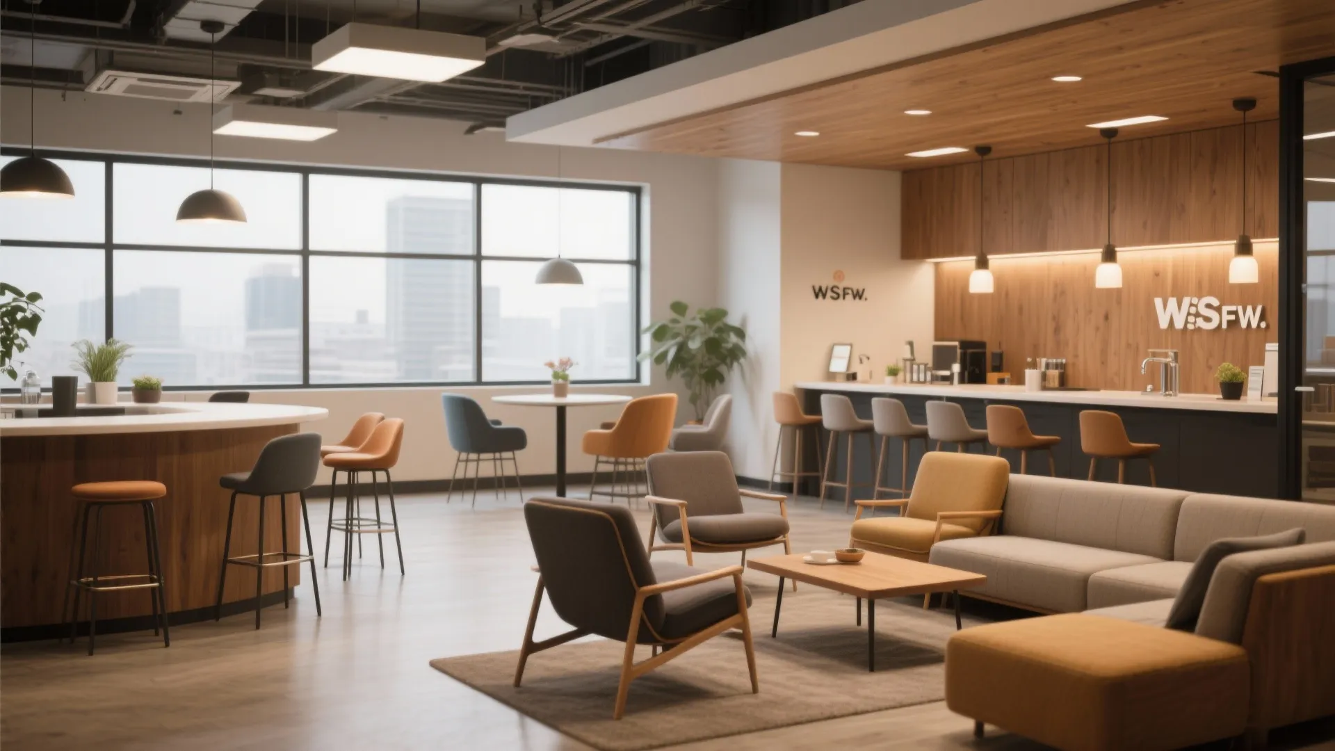 Spacious office lounge with diverse seating options including sofas bar stools and wooden coffee tables