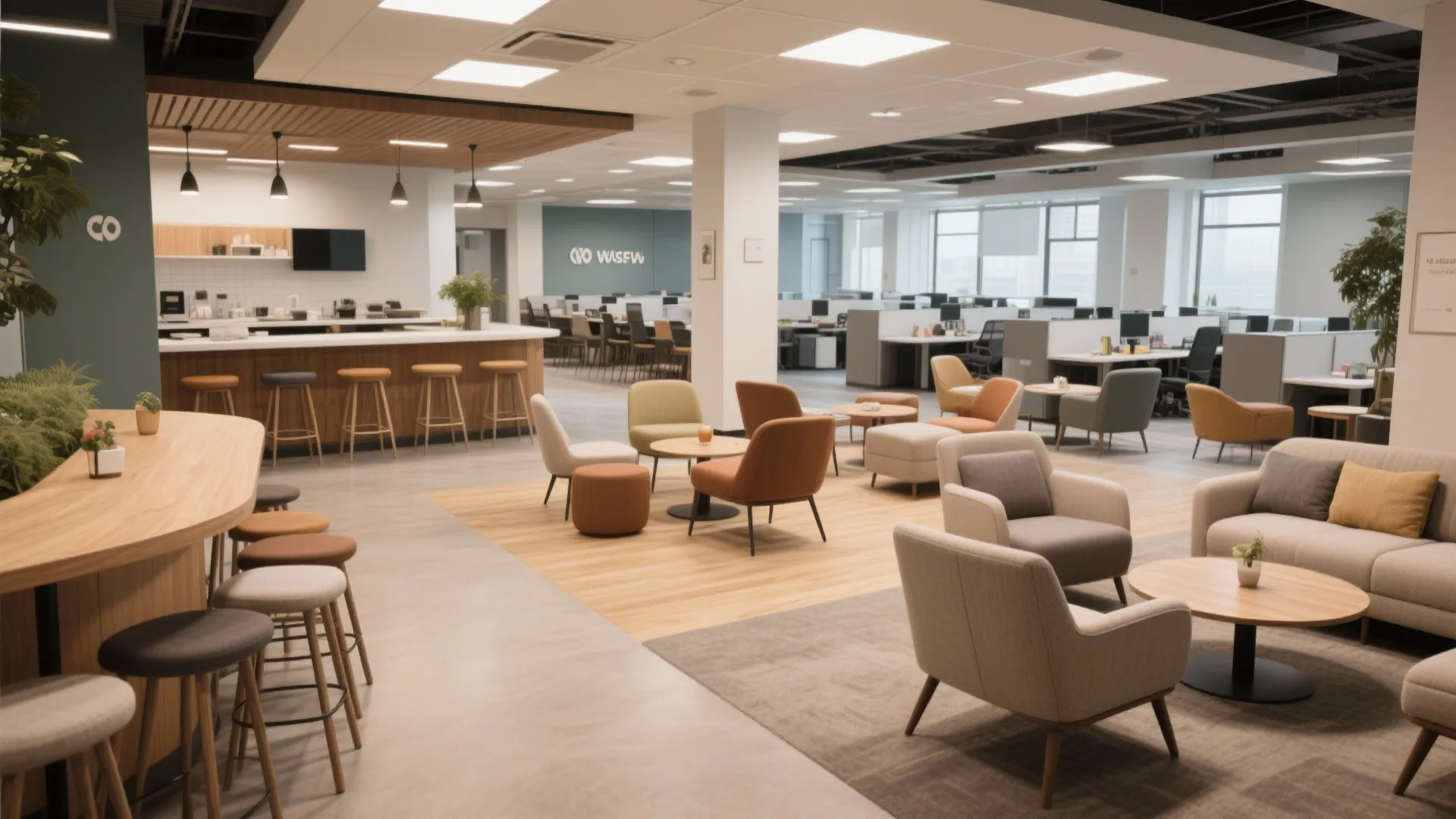 Office canteen with movable seating zones and mixed chairs